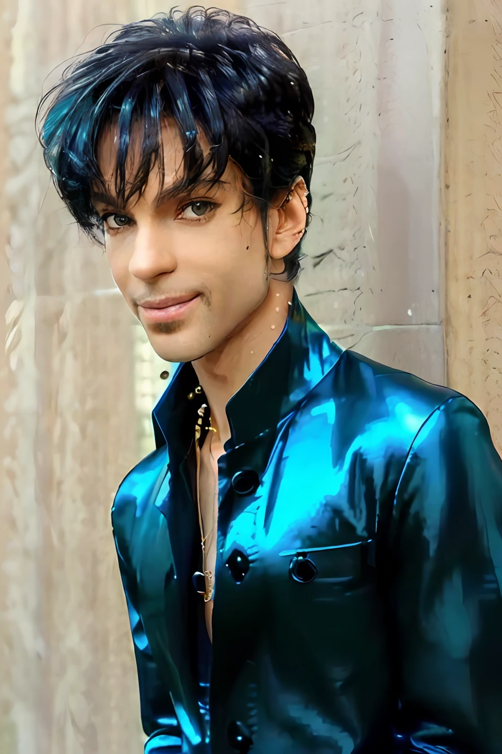 {{{Full body portrait}}} of 1982 singer PRINCE man standing, (Detailed Face), (perfect eyes:1.1 (RAW photo:1.2),(photorealistic:1.4),(masterpiece:1.3),(best quality:1.4),ultra high res, HDR,8k resolution, dreamlike, check commentary,commentary request,scenery,((no text)), solo focus, (detailed eyes),(detailed facial features), (detailed clothes features), skin tight, (shiny skin),(slender),(slim),(beautiful face), 1boy, VirtualGirl-Ren, young, bangs,black hair, blue eyes,ear studs, loose shirt, smile, bashfully,cute, look straight into the camera,
