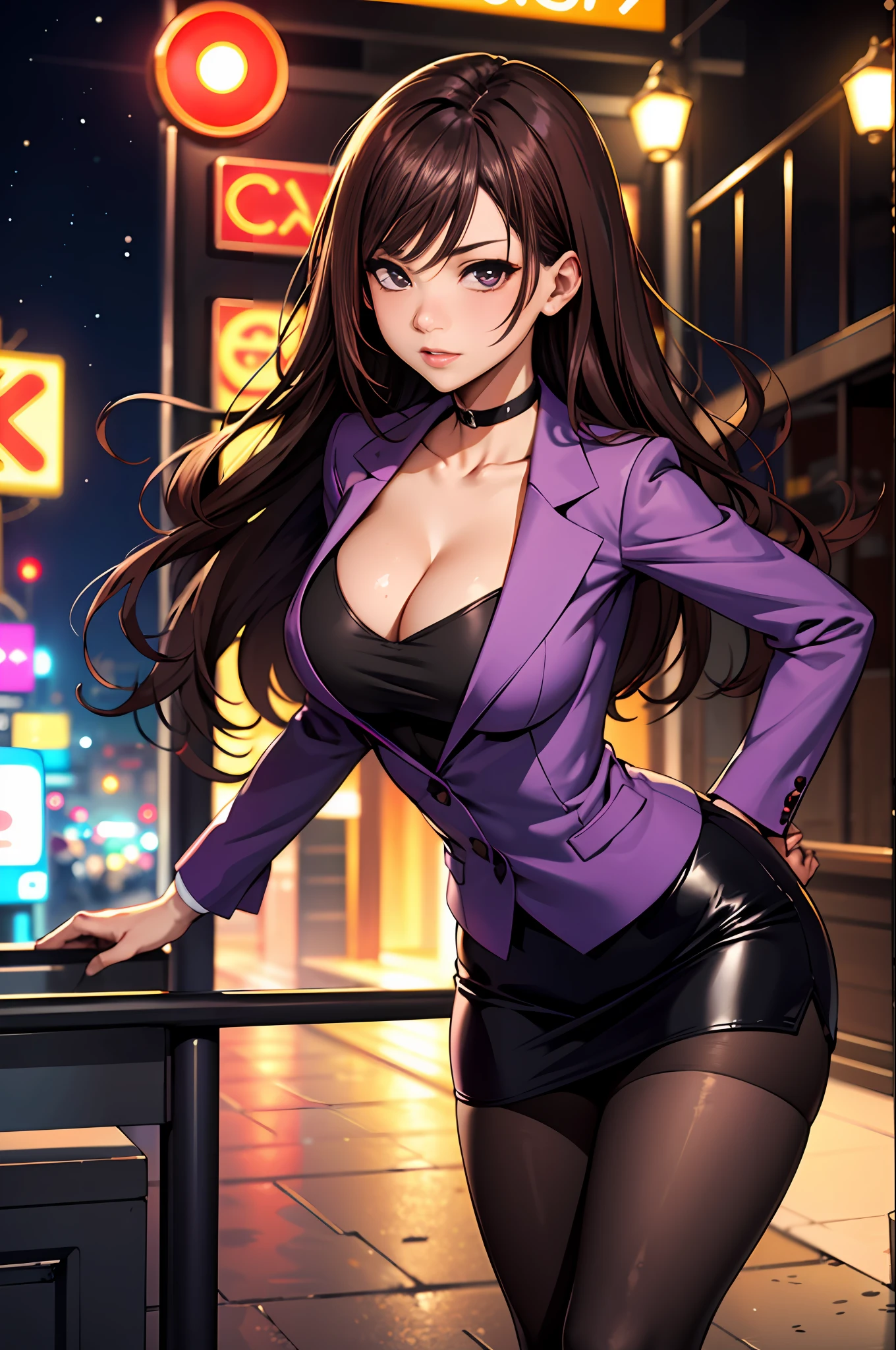 Bewitching anime busty woman in purple suit and tight skirt、Black tights,Inviting look、Show off your chest、black top and long brown hair,,Ecchi anime style,  bending forward,Kamimei,Red Light District at Night,neons、Bokeh in the background