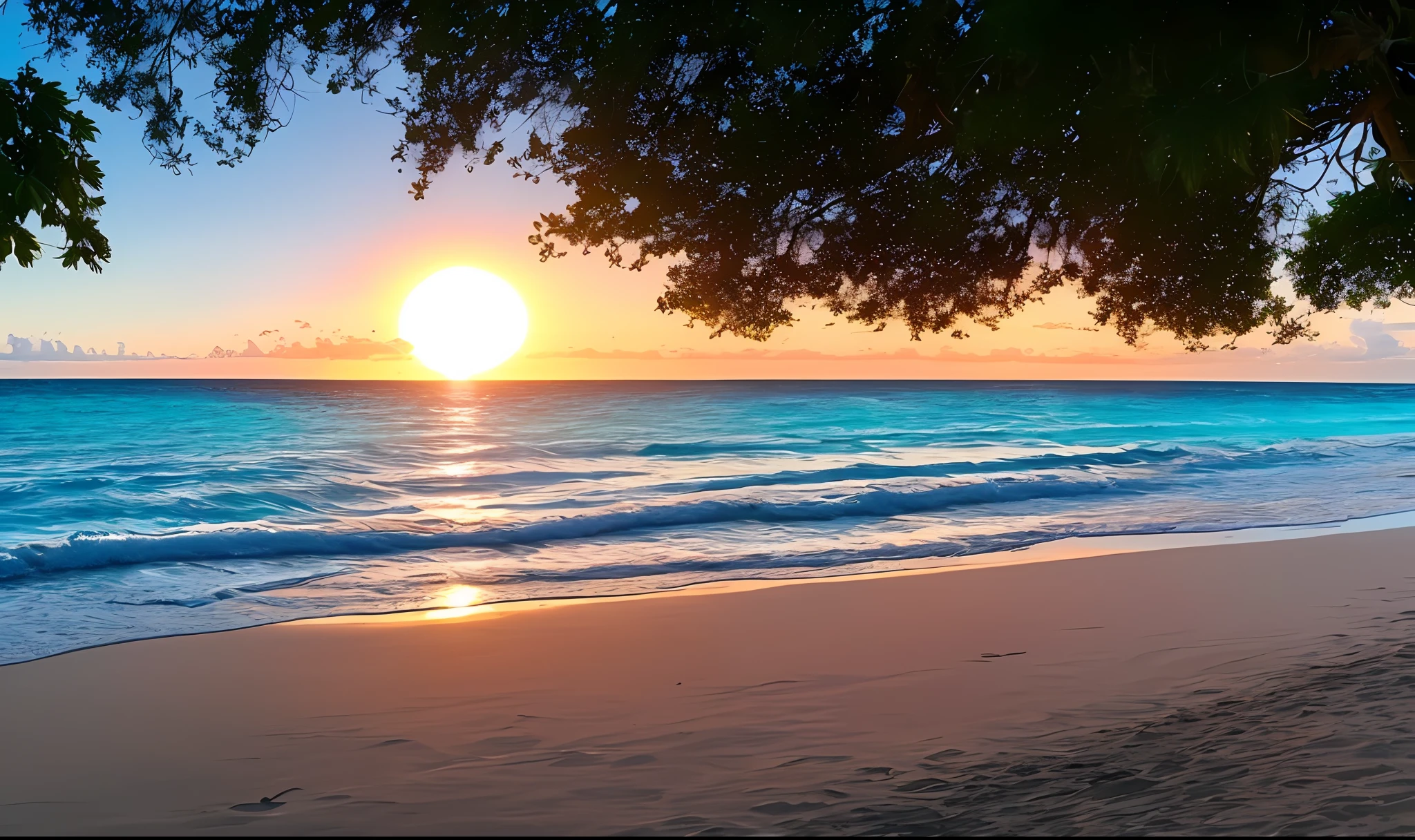 ocean; sun rising; Caribbean Sea; Cannabis bushes; seaside; surf; Sun glare on the water