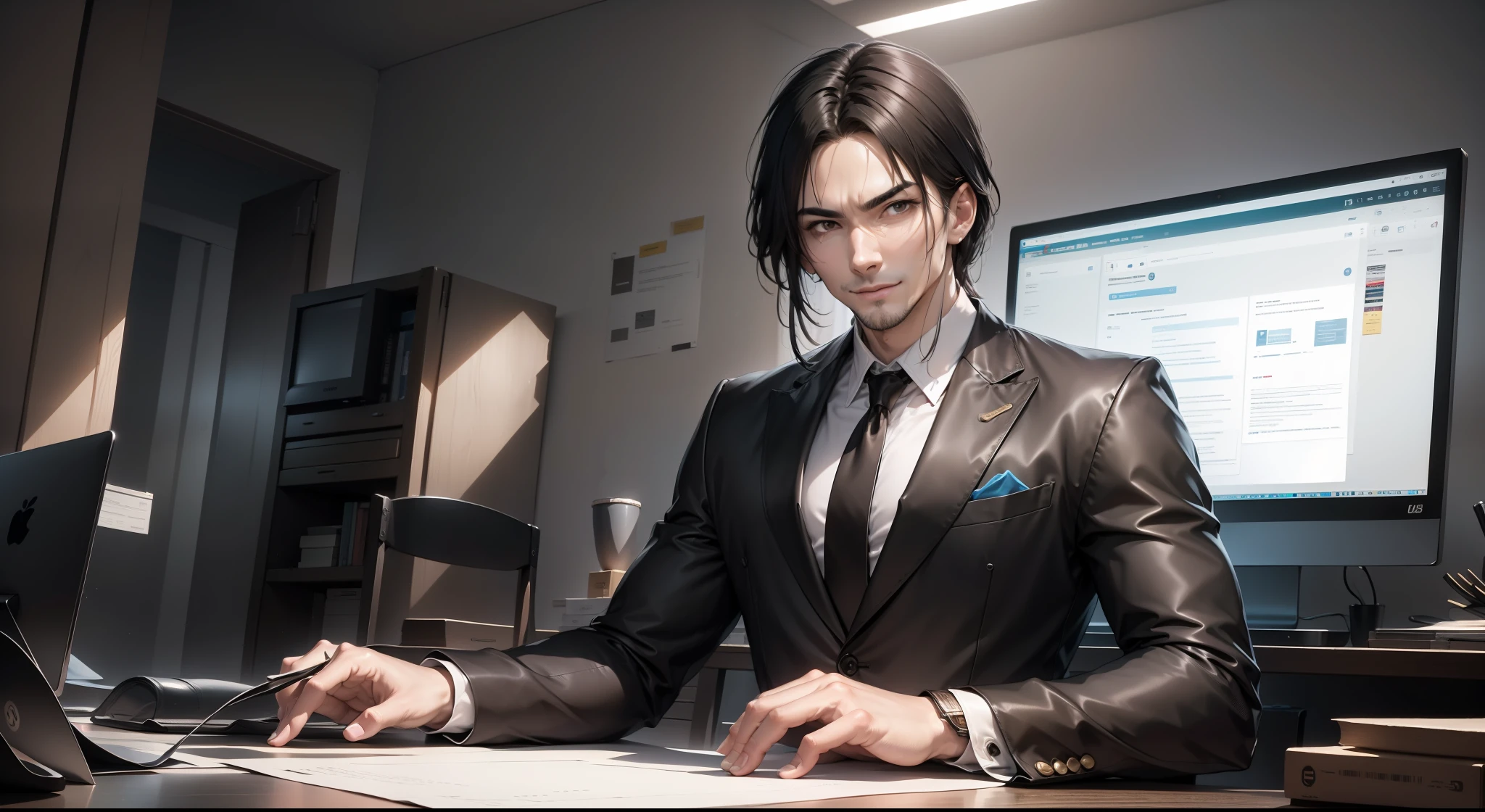 hyper HD，The ultimate masterpiece，High detail depiction，Best picture quality，8K，style of anime，A mature man sitting in an office，Monitors，keyboards，Keep your eyes on the monitor，short detailed hair，30 years old，Ultra-precise and detailed facial features，Black eyes，ssmile，In black suit，Black leather shoes，White shirt，Black trousers，Height 1.75 meters，code，computers，Far view