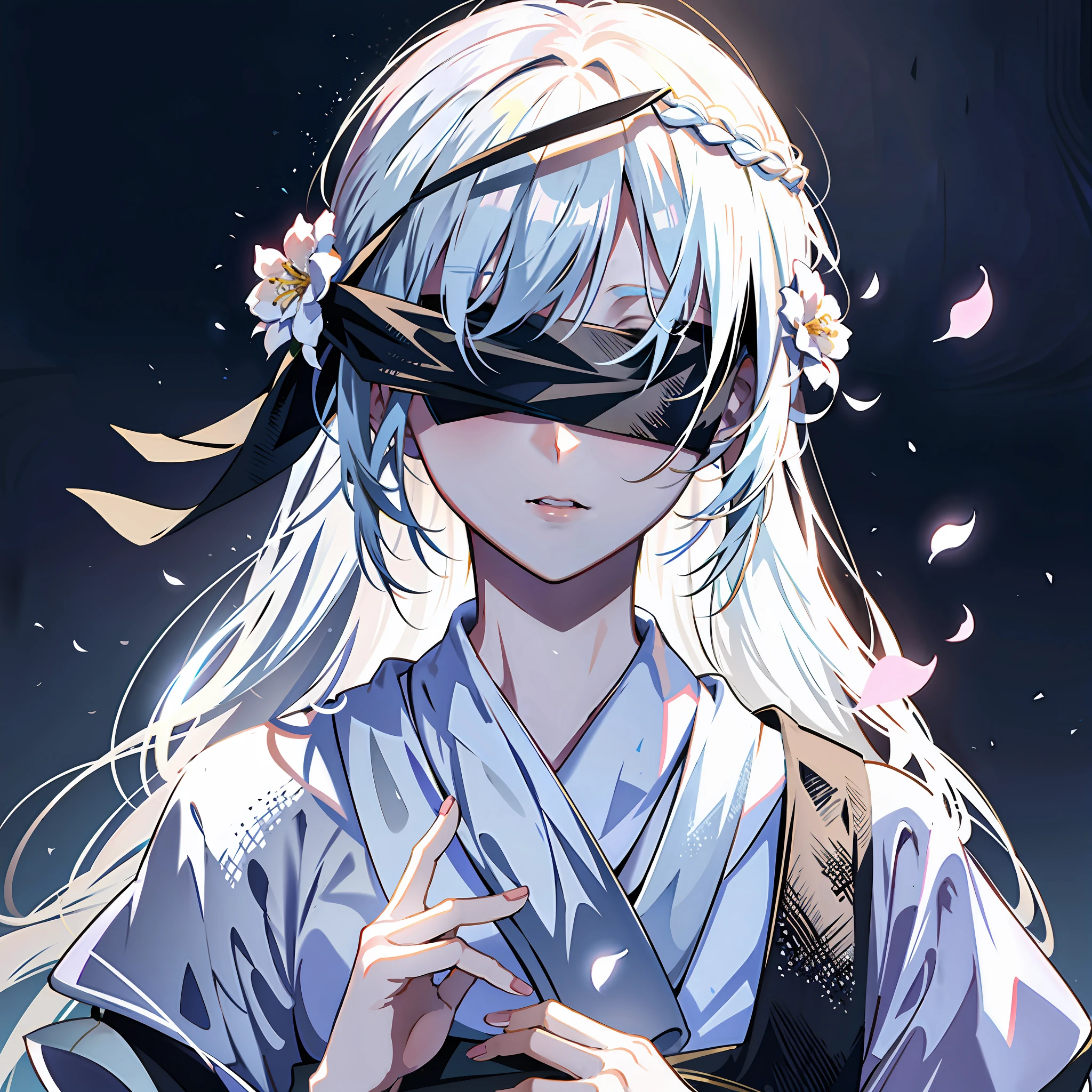 4K，best qualtiy，tmasterpiece，（Hazy：1.4）Stunning character art，Hazy beauty，A woman wears a black cloth belt to cover her eyes，Cover your eyes，Gray hair，Anime girl with flowers in her hair, Gray background，Whiten face，frostbite，Silk robes，Very beautiful girl，The blind freedom of a few，style of anime4 K, Anime wallpapers 4K,  White-haired god, anime styled 3d