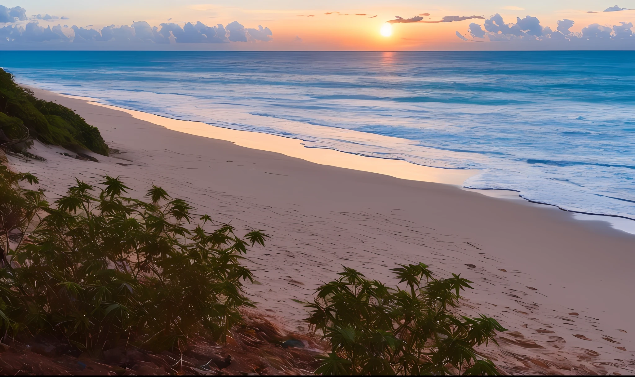 ocean; sun rising; Caribbean Sea; Cannabis bushes; seaside; surf