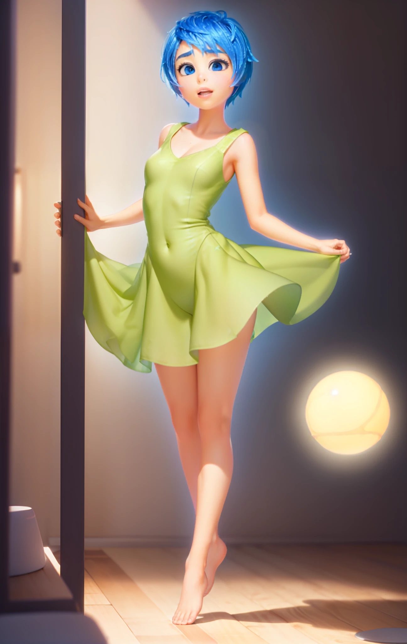 Masterpiece, Best Quality, (joying_Inside out, yellow skin, ),  Happy, wet transparent mini green dress,  Pixar, cartoony, 3D Rendering, small breasts, bare footed, Sunlight, (parted lips:1.4), (nose blush:1.2), breasts visible, Showing breasts,    ((facing viewer with legs spread)), (cinematic lighting), ((detailed background of a glowing ball pit)), ((high-angle view)), (((three-quarter view))), (half body shadow), [backlighting], [crepuscular ray], [detailed ambient light], [gray natural lighting], [ambient light on the belly], (higher wildlife feral detail), [explict content], [sharp focus], (questionable content), (shaded), ((masterpiece), Commission for High Res, masterpiece, best quality, detailed image, bright colors, detailed face, perfect lighting, perfect shadows, perfect eyes, girl focus, flawless face, gorgeous body, shiny body, center focus, gaze at the viewer, half-closed eyes, 1girl, solo, full body, (masterpiece:1.21), (best quality:1.2), (illustration:1.2), (cinematic lighting:1.3), balanced coloring, global illumination, ray tracing, good lighting, cleavage, attractive body, sexy body, looking at viewer, seductive look, SFW