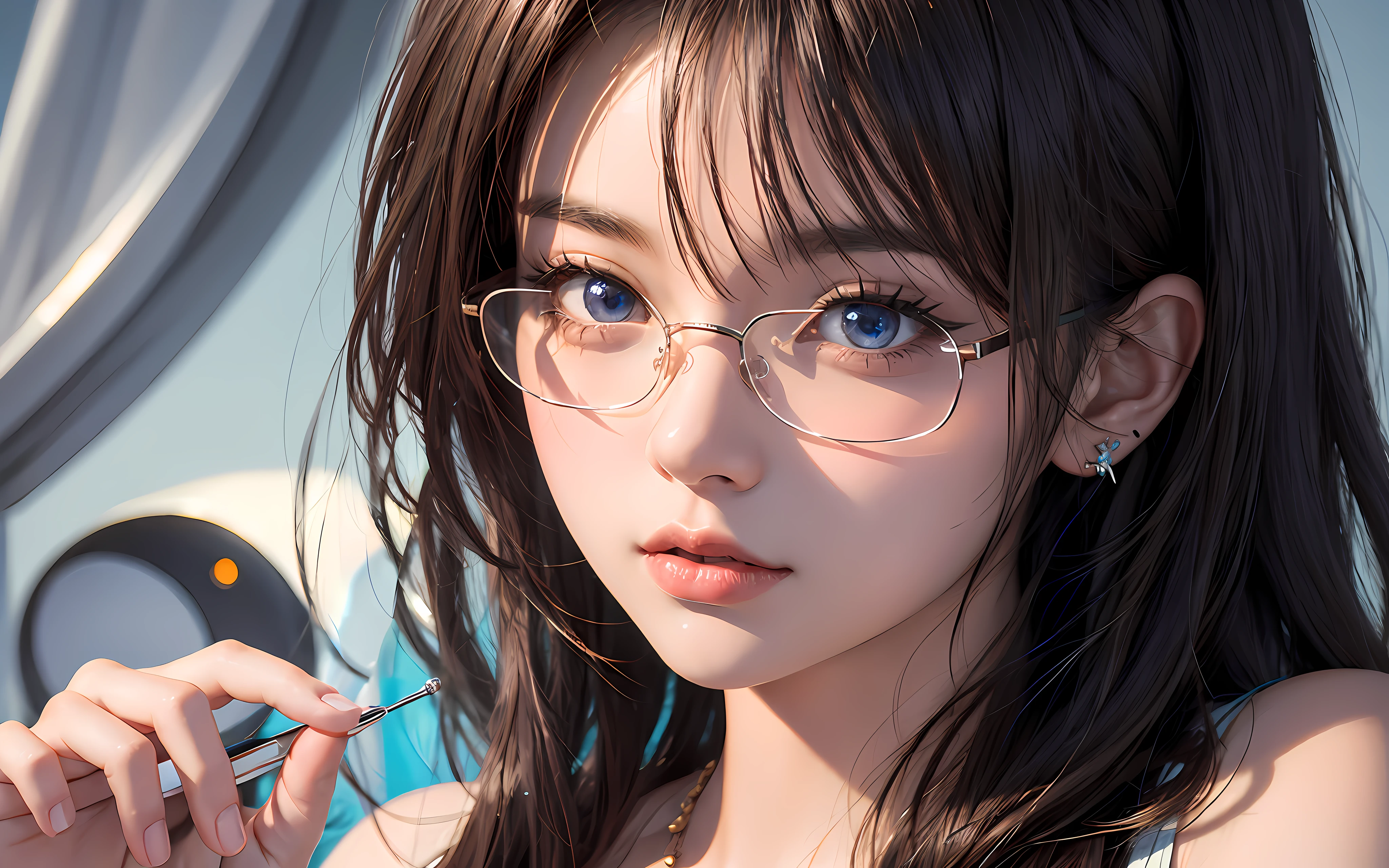 Anime girl with glasses and jewelry on her face, Detailed digital anime art, Guviz-style artwork, Guviz, Stunning anime face portrait, clean and meticulous anime art, With glasses, High quality anime art style, Cool glasses, By Yuumei, Anime moe art style, anime highly detailed, piercing clear eyes, Sparkling eyes, magical glowing eyes,perfect hand, Five fingers