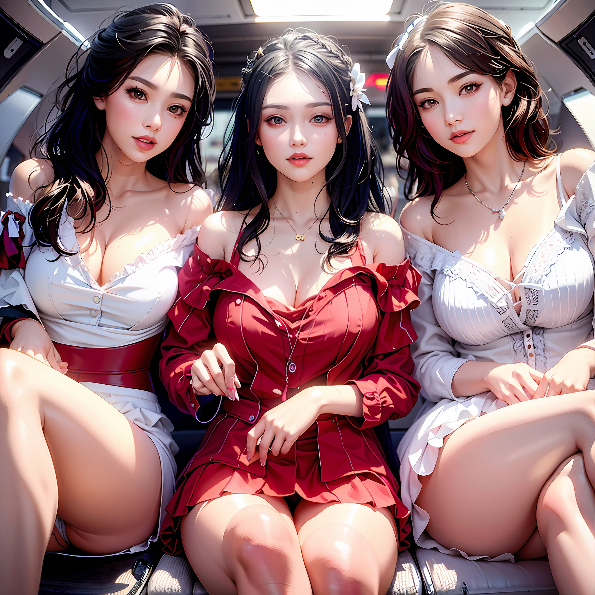 three women in lingersuits sitting on a train with their legs crossed, Korean girl, Cute girls, Beautiful girls, trending on cgstation, beautiful alluring women, beautiful Korean women, Gorgeous young Korean woman, sakimichan, ulzzangs, Attractive pose, jaeyeon nam, Beautiful Asian girl, korean women's fashion model, 5 0 0 px models --auto