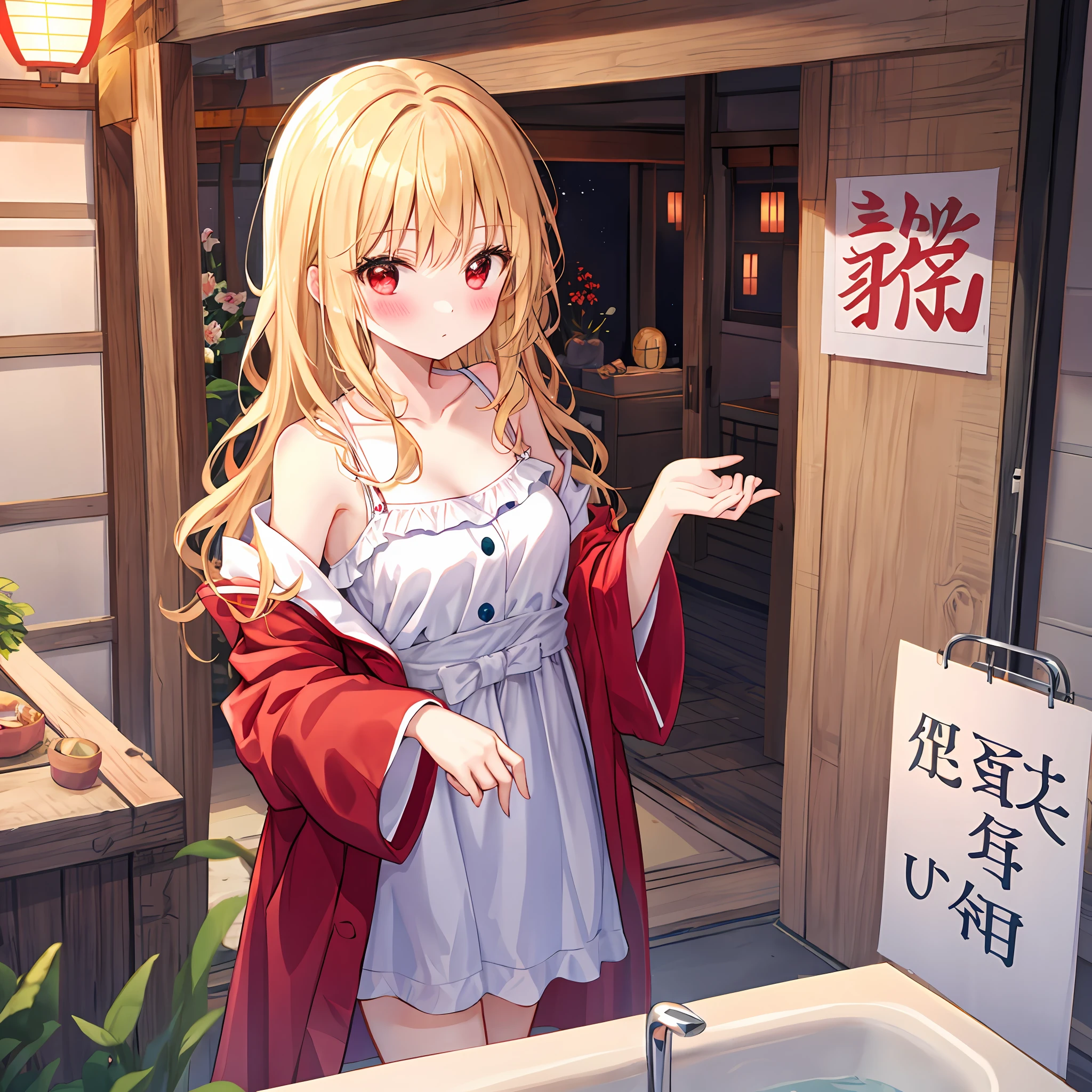 red blush、Wavy blonde hair、red eyes、Beautiful girl alone、animesque、独奏、bathrobe、off shoulders、matsuri