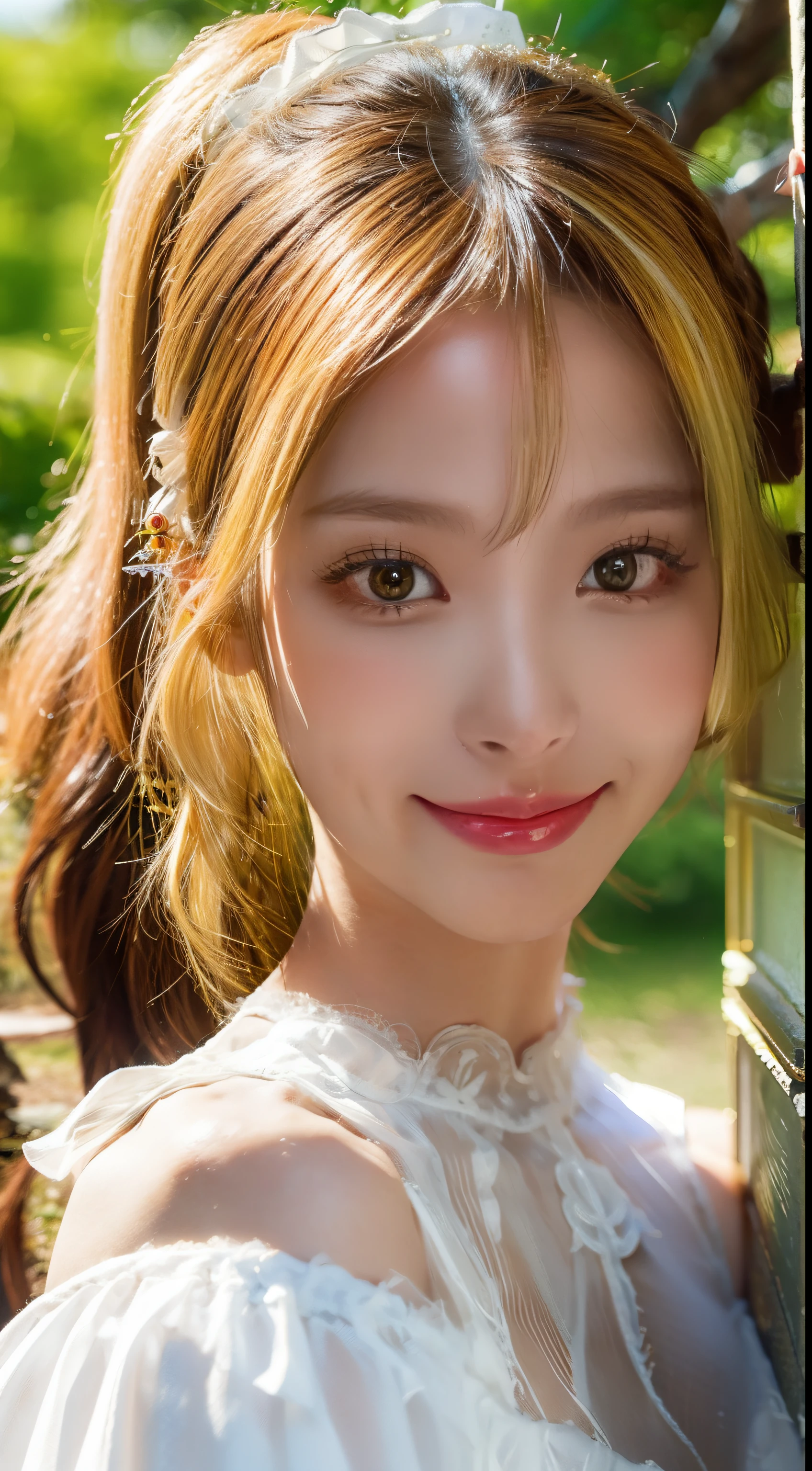 closeup on face, Face shot, (White dress :1.7), short miko skirt, Long streamers, blonde hairs, golden hair, (Pointed ears: 1.5), (Gold pattern quality:1.3), female pubic hair, with long blond hair, Off-the-Shoulders, Top detail CG quality 4K wallpaper, Master, A Masterpiece, portraits, The middle, Watch the footage, Beautiful Chinese-Korean mixed race idol, ((Super fine face, detailed description of facial features)), Lip biting makeup, Sweet smile, Perfect facial features, Model figure, Good complexion, the trees, branches, Golden meadow, stream, Golden leaves, Evening, Twilight, The setting sun, Twilight, autumn, twin braids, hair strand, diagonal bangs, hair ribbon, hair ornament, forehead jewel, jeweled branch of hourai, crescent hair ornament, fish hair ornament, hime cut, low ponytail, realism, god rays, sparkle, cinematic lighting, lens flare, UHD, high details, high quality, highres, best quality, 8k, 16k, high details, high quality, super detail, anatomically correct, masterpiece, ccurate