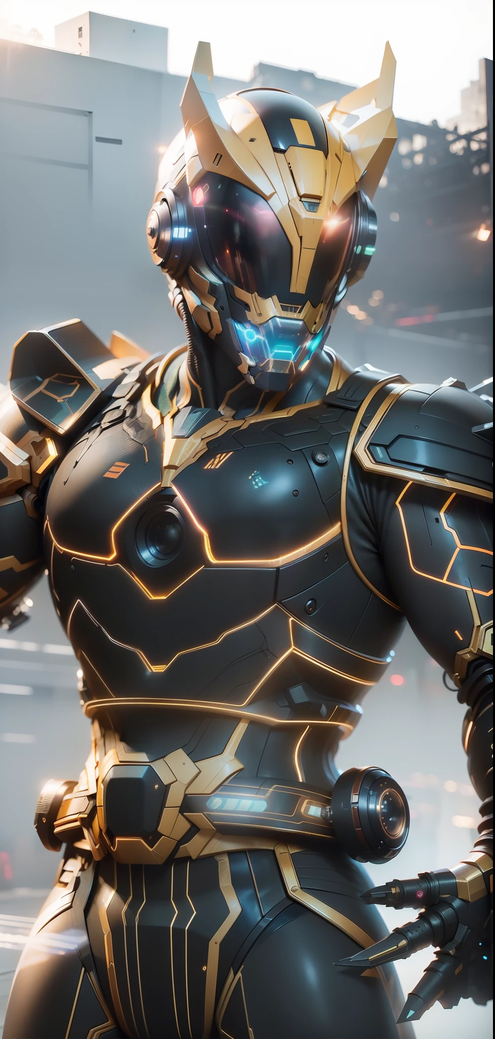 Realiy，photorealestic，Machinary，mechs，Technologie，musculous，glowing light eyes，Burly body，style of photography，Real scenery（Metallic texture 1.8）（Excess detail 2）（High resolution1.6）（4K clarity1.9)（Carbon fiber 1.5）（Metal reflection 1.5），Neon lights