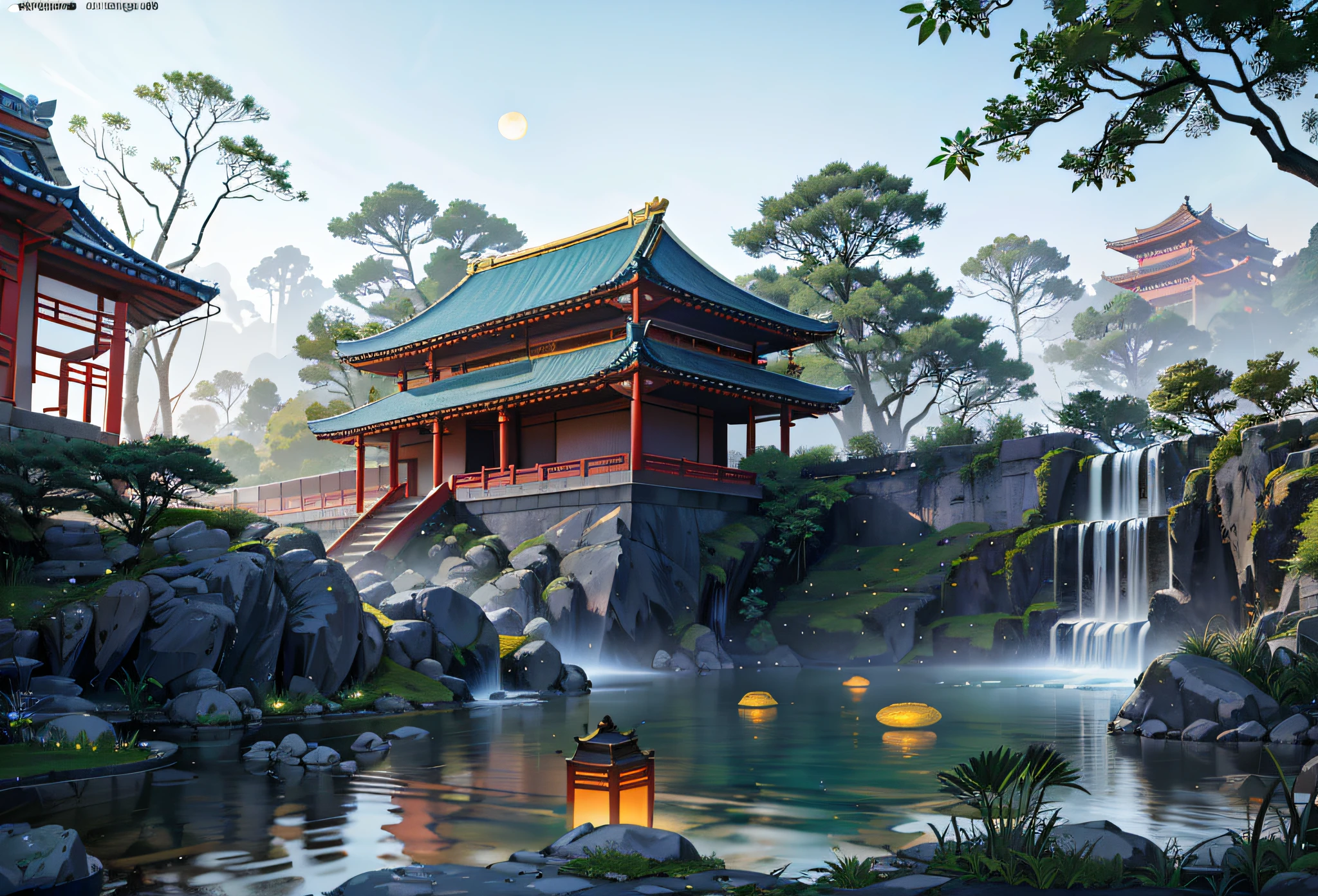 Ancient Chinese architecture, cool colors, dark night, moon, garden, bamboo, lake, stone bridge, rockery, arch, corner, tree, running water, landscape, outdoor, waterfall, grass, rock, dense fog, (Illustration: 1.0) , Epic Composition, HD Details, Masterpiece, Best Quality, (Very Detailed CG Unity 8k Wallpapers) --v 6