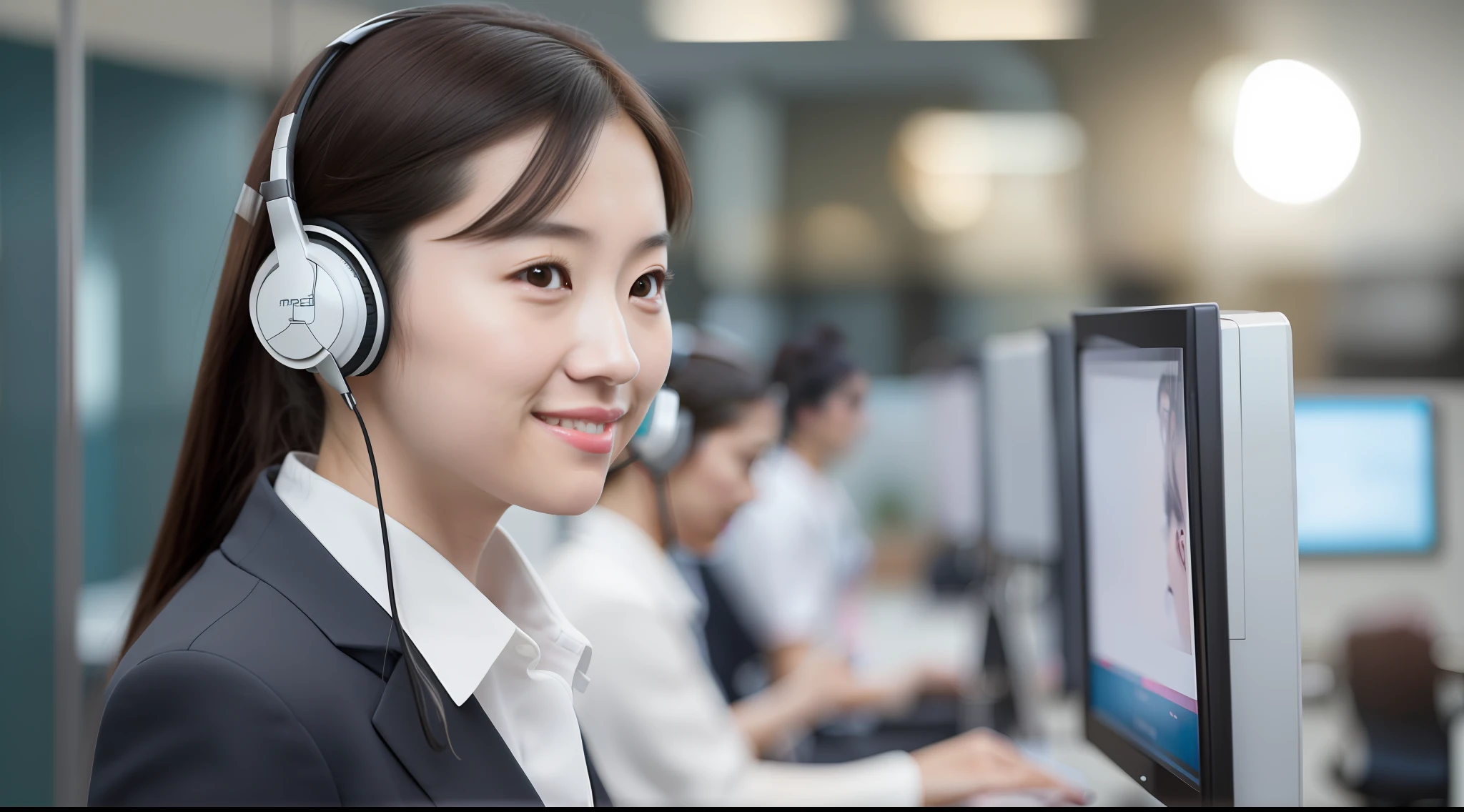 younger female, (Customer service using headphones), Asian people, Perfect skin details, ssmile, high ponytails, long whitr hair, Business suit, short skirt, The upper part of the body, Look directly at the viewer, inside in room, call centre, Elegant and professional, In the daytime, downy, edge lit , Background bokeh, 16:9 frames, 中景 the scene is, Flat viewing angle, SENSE OF CINEMA