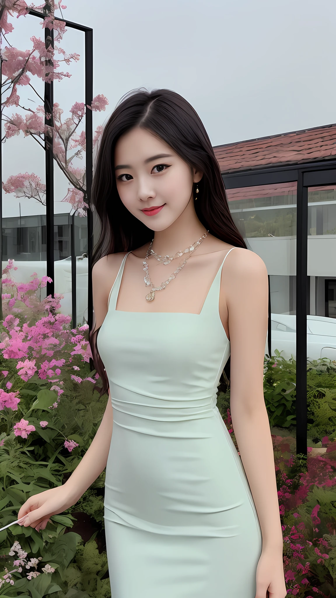 midynight,26-year-old beauty,There is an extraordinary and exquisite real person,Extremely delicate, and facial features are straight,Peerless beautiful girl,(Black straight hair)Bare collarbones,Perfect sexy,((Gradient color)Banquet Dress))。A sweet smile,softness,dreamlike quality,Exaggerated facial features,solidcolor,Frank off-white,hyper realisitc,Blue gemstone necklace,ultraclear,Beautiful young girl,Cute and lively,city night scene,The girl stands。Small garden,Greening of flowers and plants,Roof roof,city night scene。