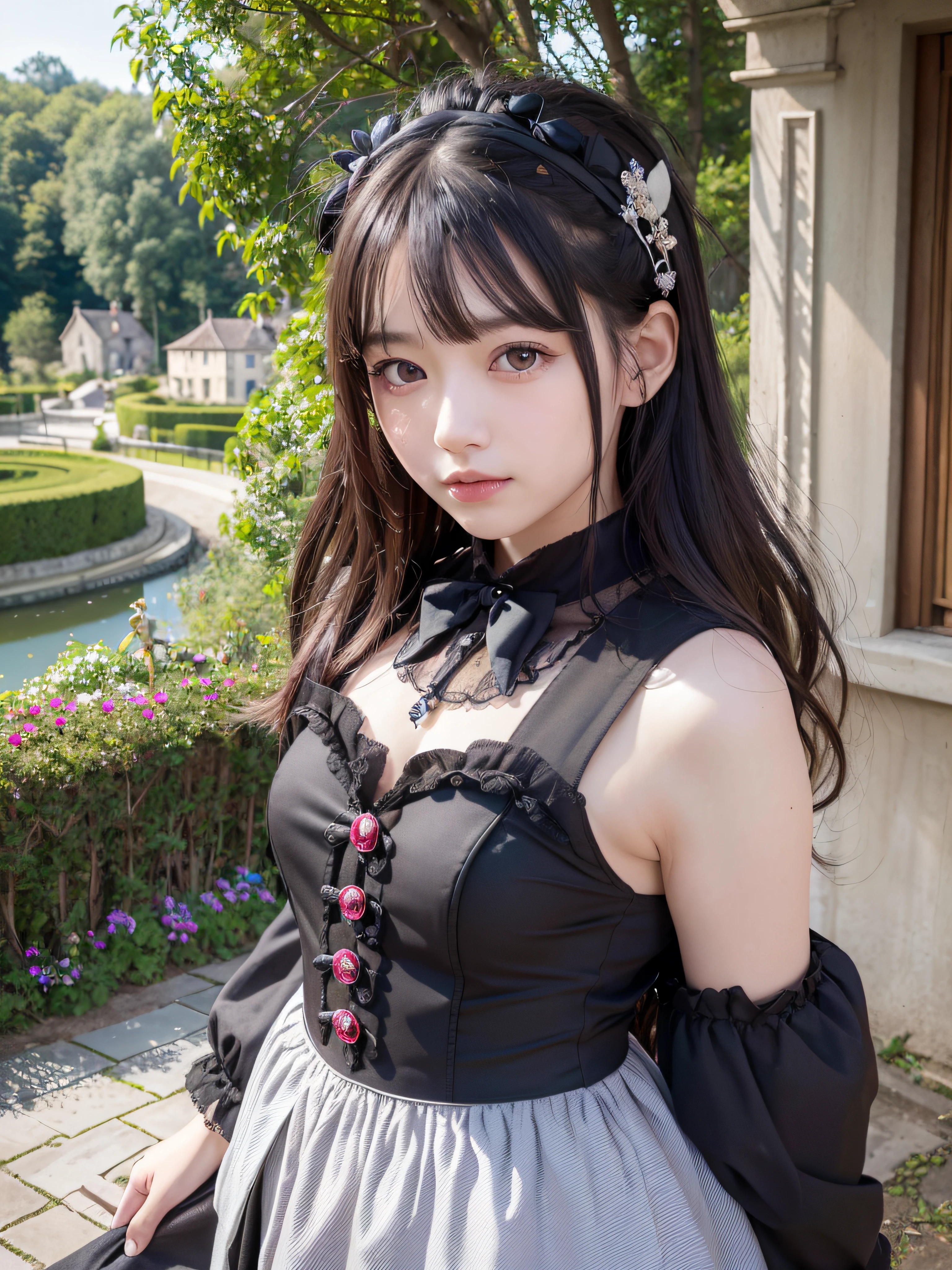 (realistic, photo realistic:1.37), incredibly absurdres, (insanely detailed:1.3), 8k, (masterpiece), (best quality:1.4), (ultra high res:1.2), (unity 8k wallpaper), 1 nogizaka girl, utterly cute, (bishojo:1.35), (:1.4), ((alice and the pirates fashion)), detailed beautiful dress, hair accessory with blue rose, exquisitely detailed beautiful face and eyes and skin, detailed black shine hair, full body, perfect anatomy, smile at the camera, professional lighting, petit trianon garden and farmhouse, view a village and lake, ultra detailed background