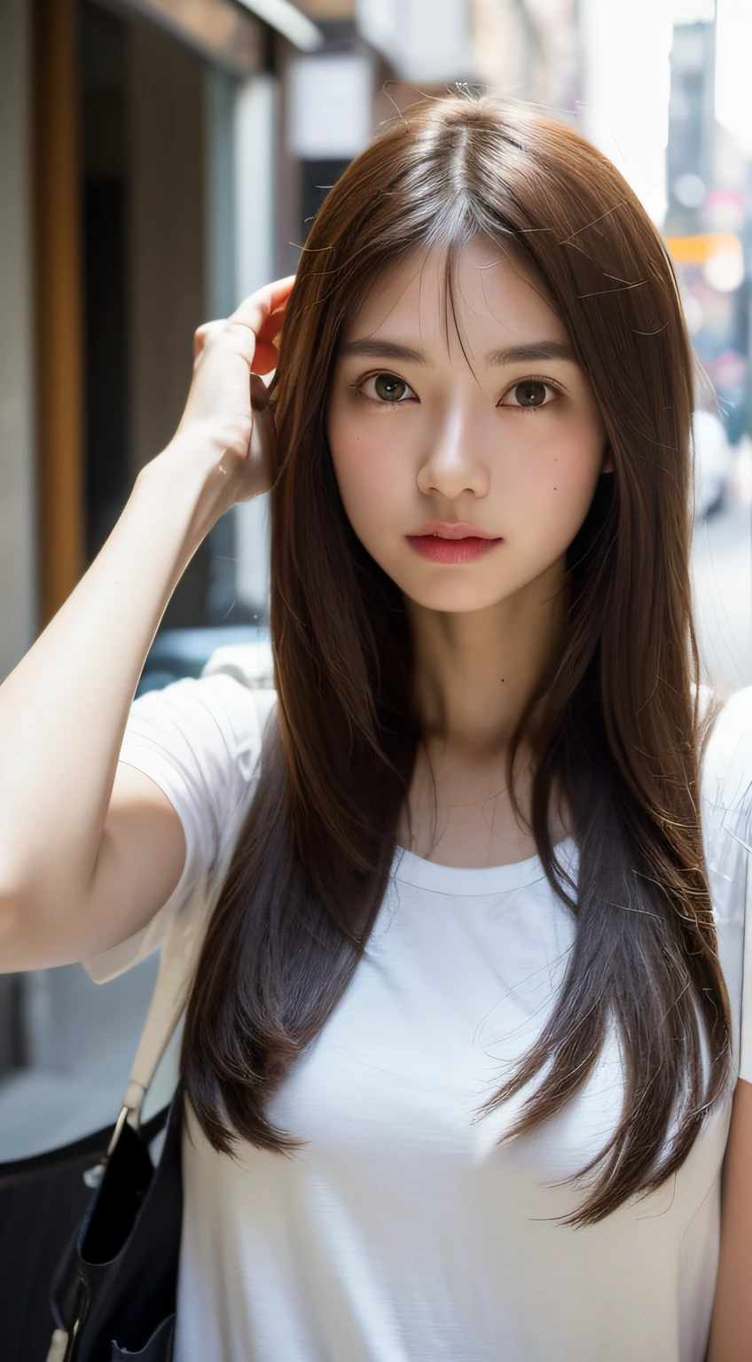 (Raw photography:1.2)、(Photorealsitic:1.4)、(masterpiece:1.3)、(top-quality:1.4)、超A high resolution、(A detailed eye)、(detailed facial features)、(detailed clothes features)、8K分辨率、solofocus、bangss、skin tightening、(shinny skin)、(Slender girl)、(Proud)、(a japanese girl)、1 girl in、Slim Beauty:1.3、brown haired、Delicate hair、(huge tit:1.2)、new york streets、Sheer street fashion、hotpants、Looking at the camera