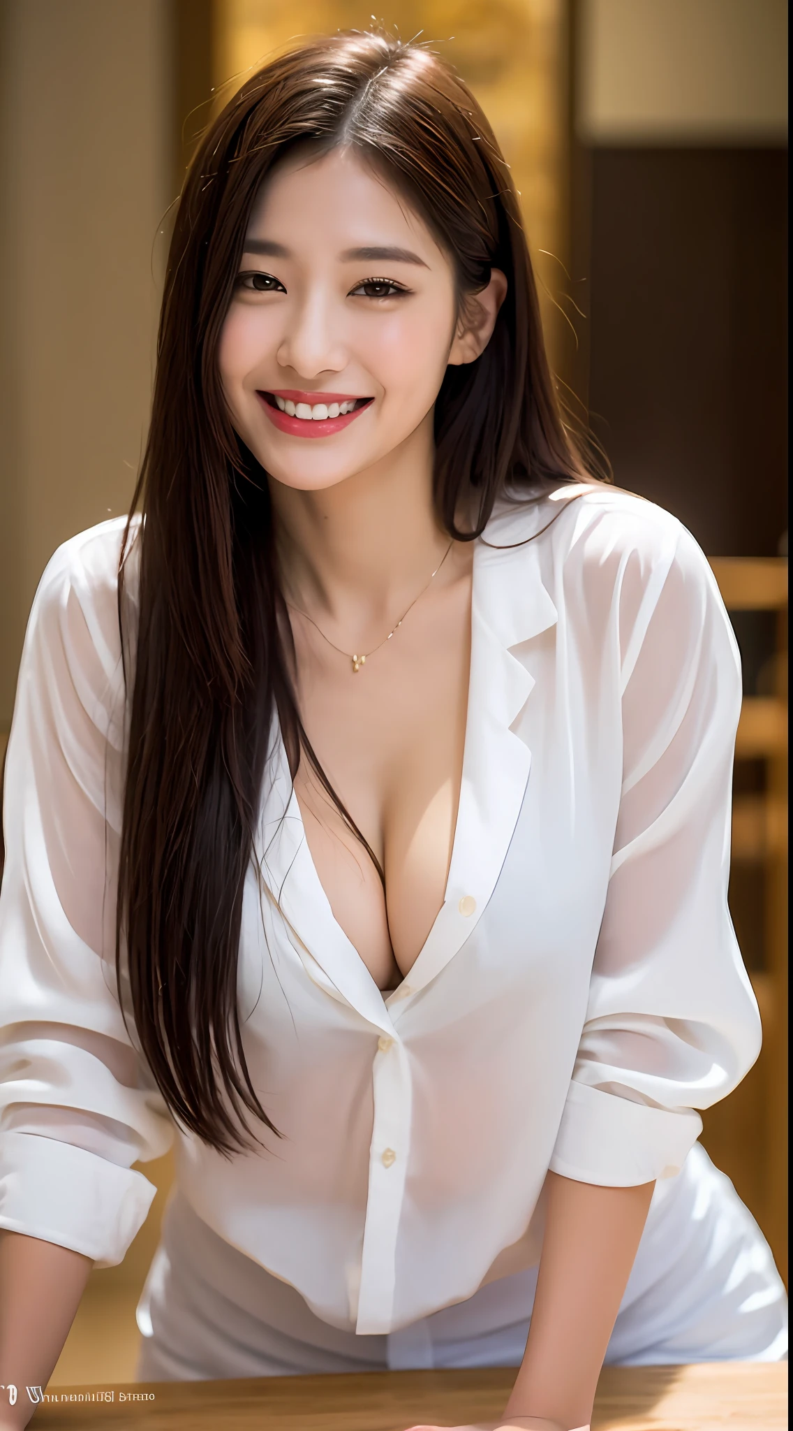 ((Best Quality, 8K, Masterpiece: 1.3)), open white silk shirt, softly gigantic breasts, skinny, smiling, begging