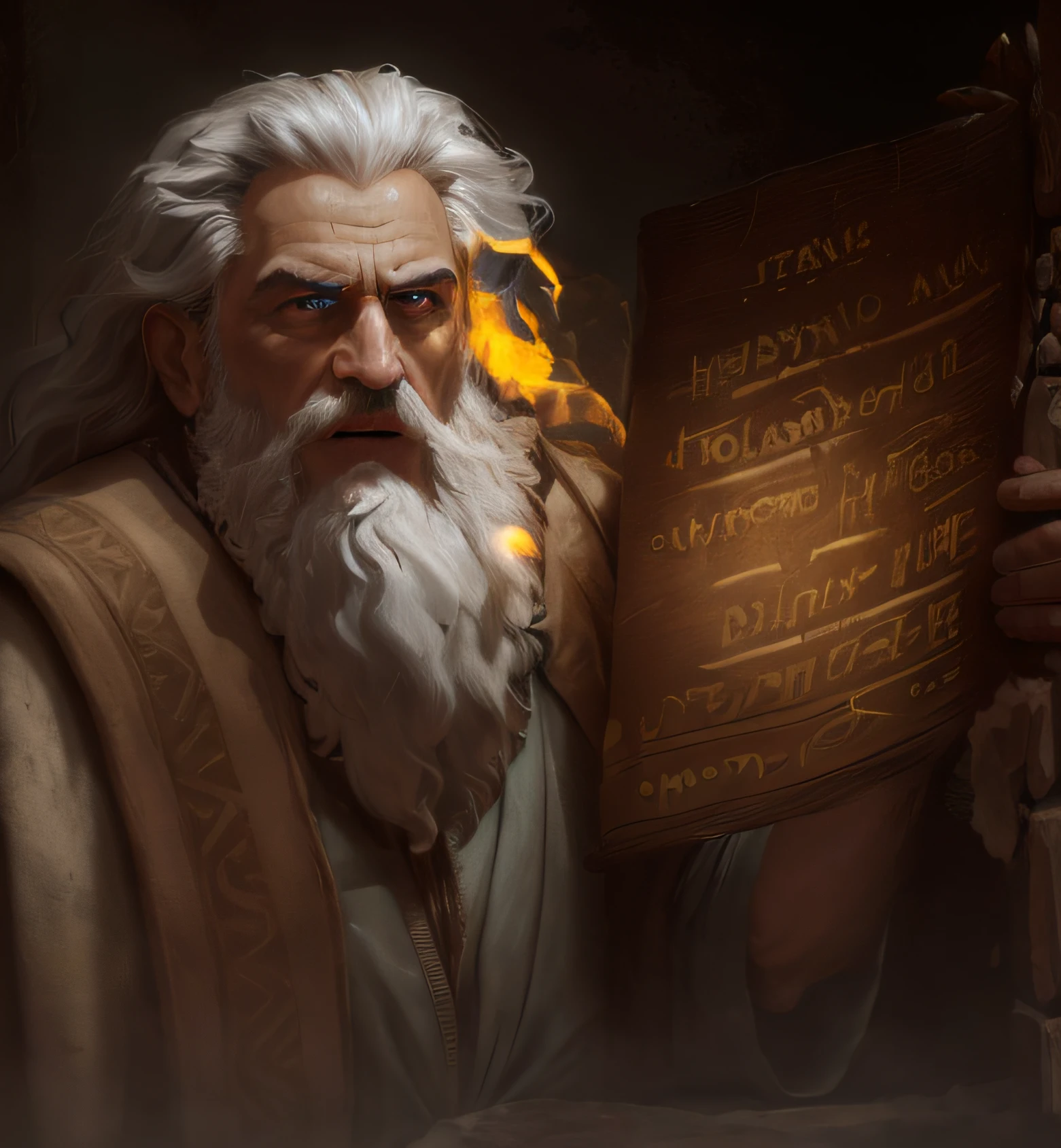 (alta qualidade: 1.3), Cinematic Still Shot, obra-prima, (foco nítido: 1.5), (fotorrealista: 1.3), medium portrait of Moses with two stone tablets of the Ten Commandments (um velho, the leader of his village; , vestido com cota de malha elaboradamente detalhada , algumas tochas queimam nas paredes, giving the scene a somber atmosphere, but sculpting the shapes in crisp chiaroscuro), it is night time, (pele altamente detalhada), (rosto detalhado), fundo detalhado, dark ilumination, twilight lighting, volumeric lighting, detalhes complexos, UHD, War facial expression open mouth visible teeth,