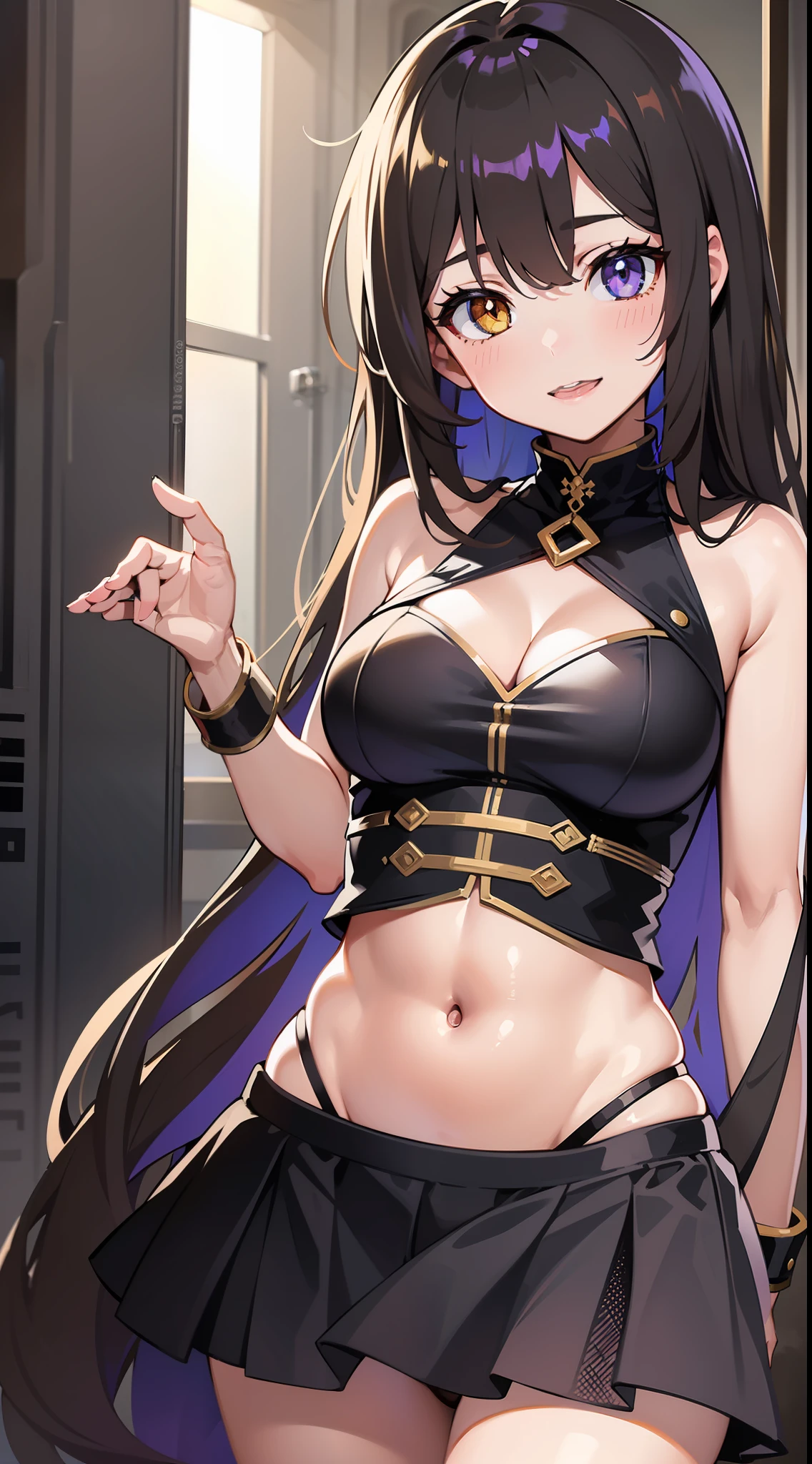 young girl, Long brown hair, Heterochromia, The left eye is purple, The right eye is golden, purple sleeveless top, open belly, neckline on the chest, black skirt, ssmile, Masterpiece, hiquality