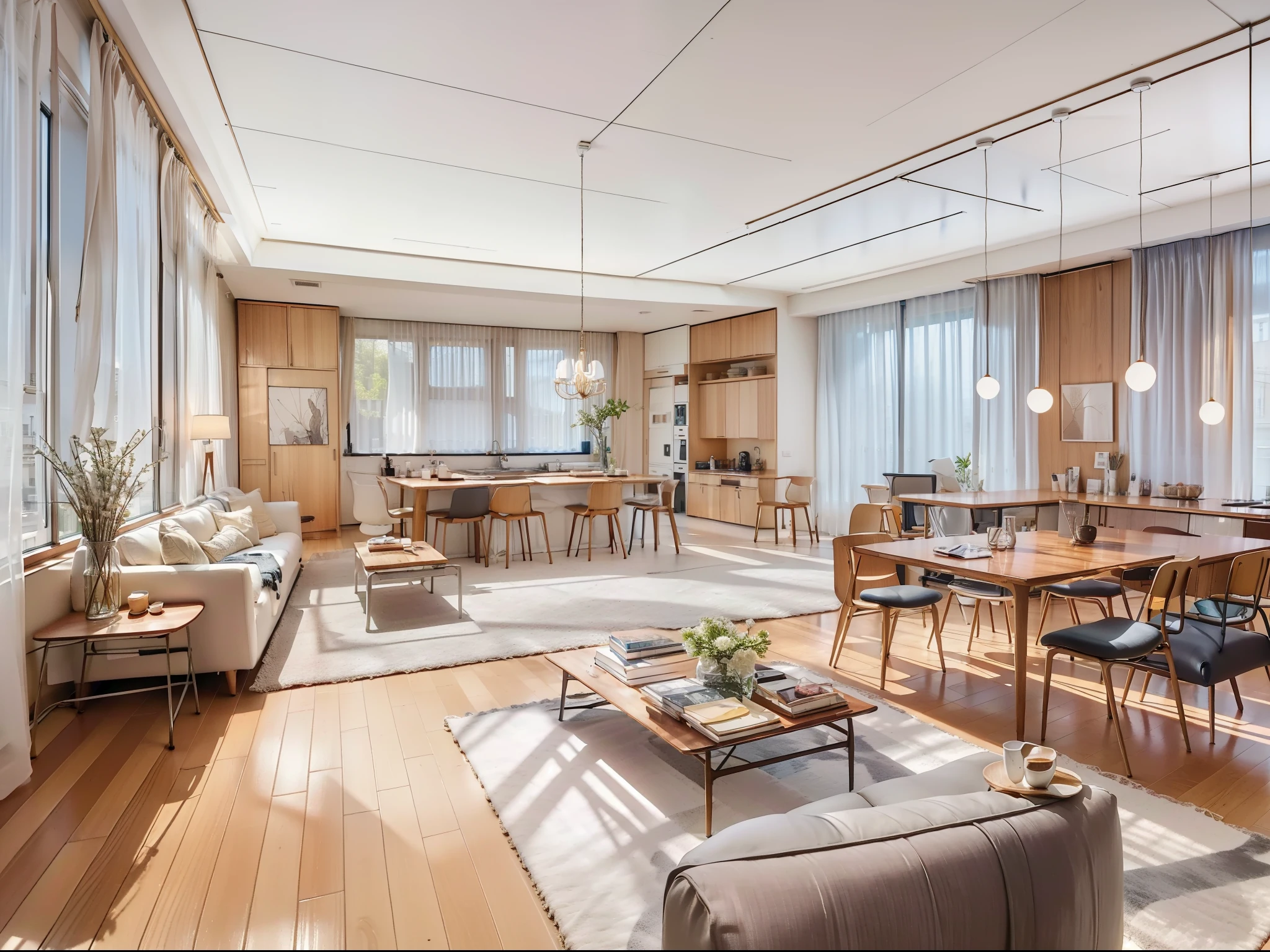 a sketch of a beautiful modern living room, (((foster and partners, artists impression, artistic impression, by Hamish MacDonald, by Carey Morris, by David Brewster, higher detailed illustration, by Helen Berman, an illustration, detailed illustration, by Nick Fudge, by Warren Mahy, artist's impression))), a kitchen cabinet behind the white sofa, with minimal pictures on the wall, linen curtain next to the classroom window, coffee table, modern wood, ceiling with magnetic emissive lighting, white fabric PRB textures, wooden floor PRB texture,