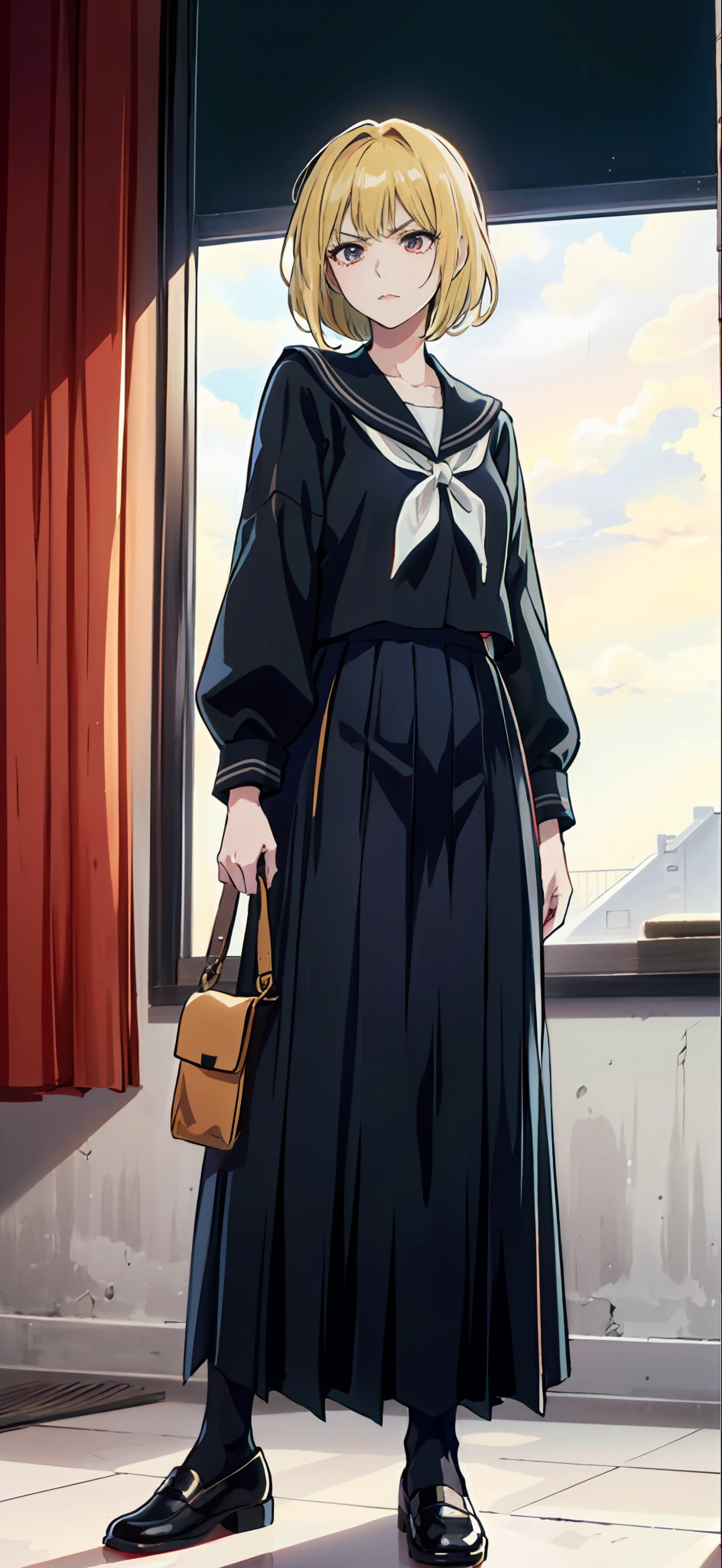 Anime characters standing in front of the window, Anime girl in black pleated skirt, anime visual of a young woman, anime visual of a cute girl,  Natural standing posture，Straight hair reaches the shoulders，pale-blonde hair，red color eyes，standing on your feet，A slightly angry expression，Wearing a black sailor suit，Wearing a pleated skirt，a black pleated skirt，Bad girl，School background，Three and seven points bangs，short detailed hair，Short shoulder-length hair，flatchest，Partial bangs，pleated long skirt，long  skirt