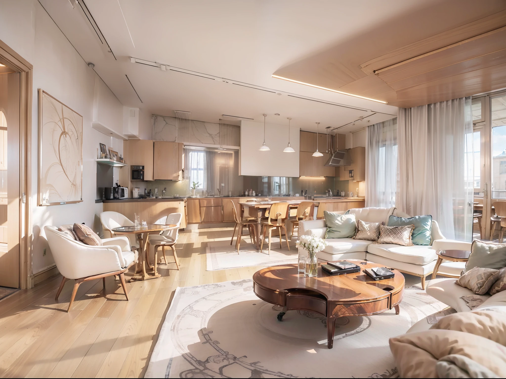 a sketch of a beautiful modern living room, (((foster and partners, artists impression, artistic impression, by Hamish MacDonald, by Carey Morris, by David Brewster, higher detailed illustration, by Helen Berman, an illustration, detailed illustration, by Nick Fudge, by Warren Mahy, artist's impression))), a kitchen cabinet behind the white sofa, with minimal pictures on the wall, linen curtain next to the classroom window, coffee table, modern wood, ceiling with magnetic emissive lighting, white fabric PRB textures, wooden floor PRB texture,