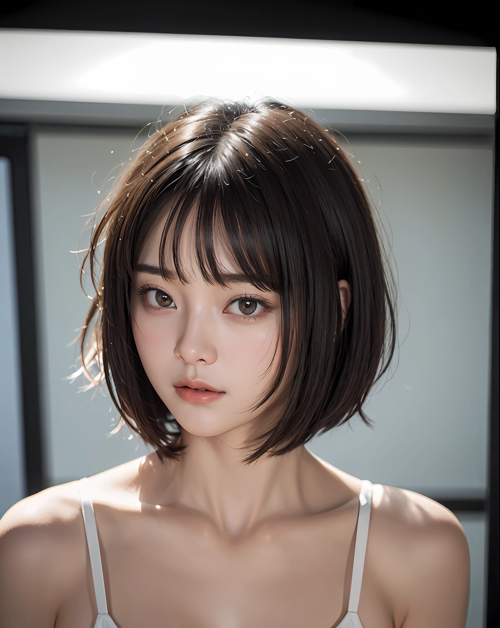 zydG, 1girl, detailed skin, looking at viewer, brown eyes, (short hair with bangs:1.2), (medium breasts:1.0), (medium areolae:0.8),
(photorealistic:1.4), (best quality:1.0), (ultra highres:1.0), 8k, RAW photo, (masterpiece:0.2), (pureerosface_v1:0.5)