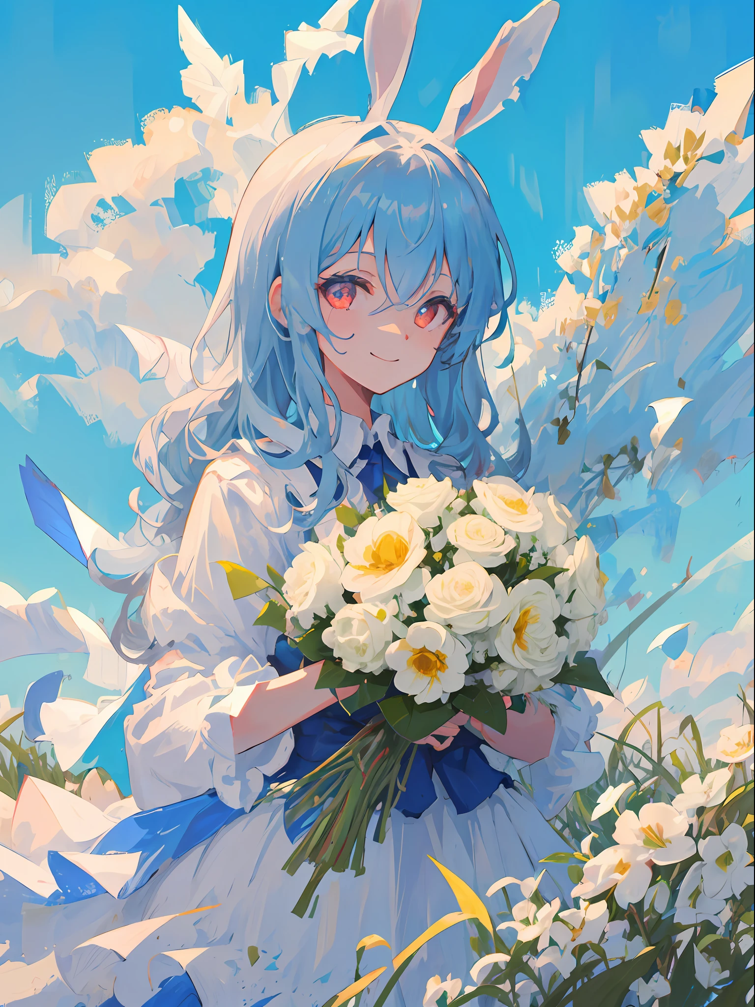 1girl in, Light blue hair, Wavy long hair, rabbit ears, Red Eyes, Beautiful eyes, ssmile, Happy, White Dress, bouquet, Holding with both hands, Upper body, on grassland, Blue sky