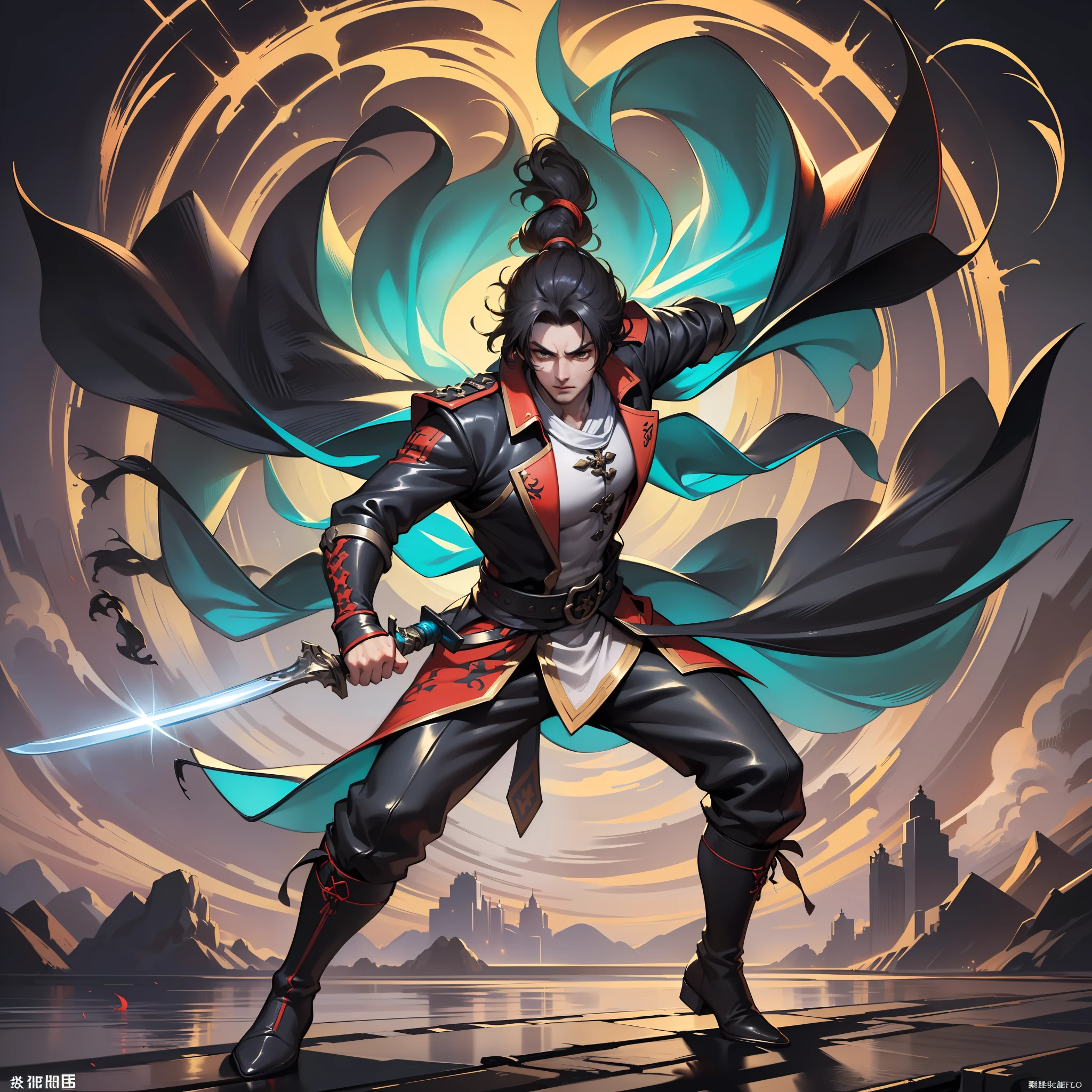 full-body,whitebackgroud,(Shen Lang is tall and handsome, wearing a tight black outfit with red patterns on it. He has a black belt around his waist and black leather boots. He stands tall and moves with agility, often holding a long sword in his hand. His posture is graceful, giving off an extraordinary and ethereal aura. With profound internal strength, he often stands in a sword stance, either gripping the hilt or supporting it with his hand, his gaze deep and his demeanor elegant. When facing enemies, he swiftly leaps into the air, his feet leaving the ground as his body leans backward. )