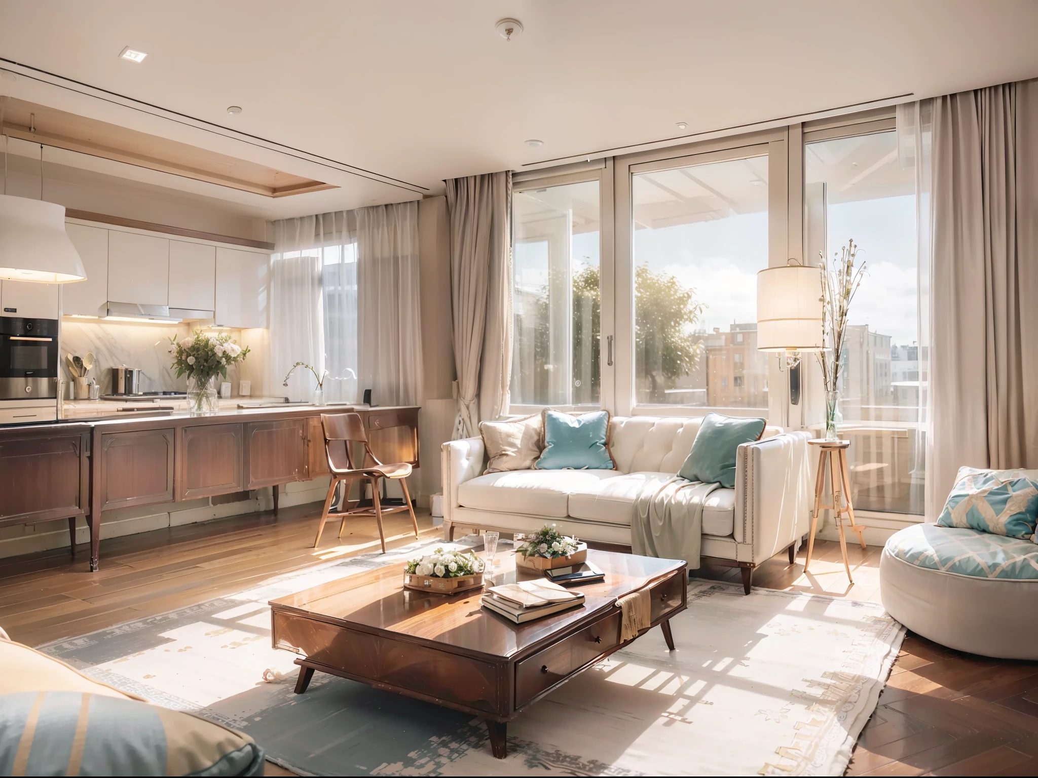 a sketch of a beautiful modern living room, (((foster and partners, artists impression, artistic impression, by Hamish MacDonald, by Carey Morris, by David Brewster, higher detailed illustration, by Helen Berman, an illustration, detailed illustration, by Nick Fudge, by Warren Mahy, artist's impression))), a kitchen cabinet behind the white sofa, with minimal pictures on the wall, linen curtain next to the classroom window, coffee table, modern wood, ceiling with magnetic emissive lighting, white fabric PRB textures, wooden floor PRB texture,