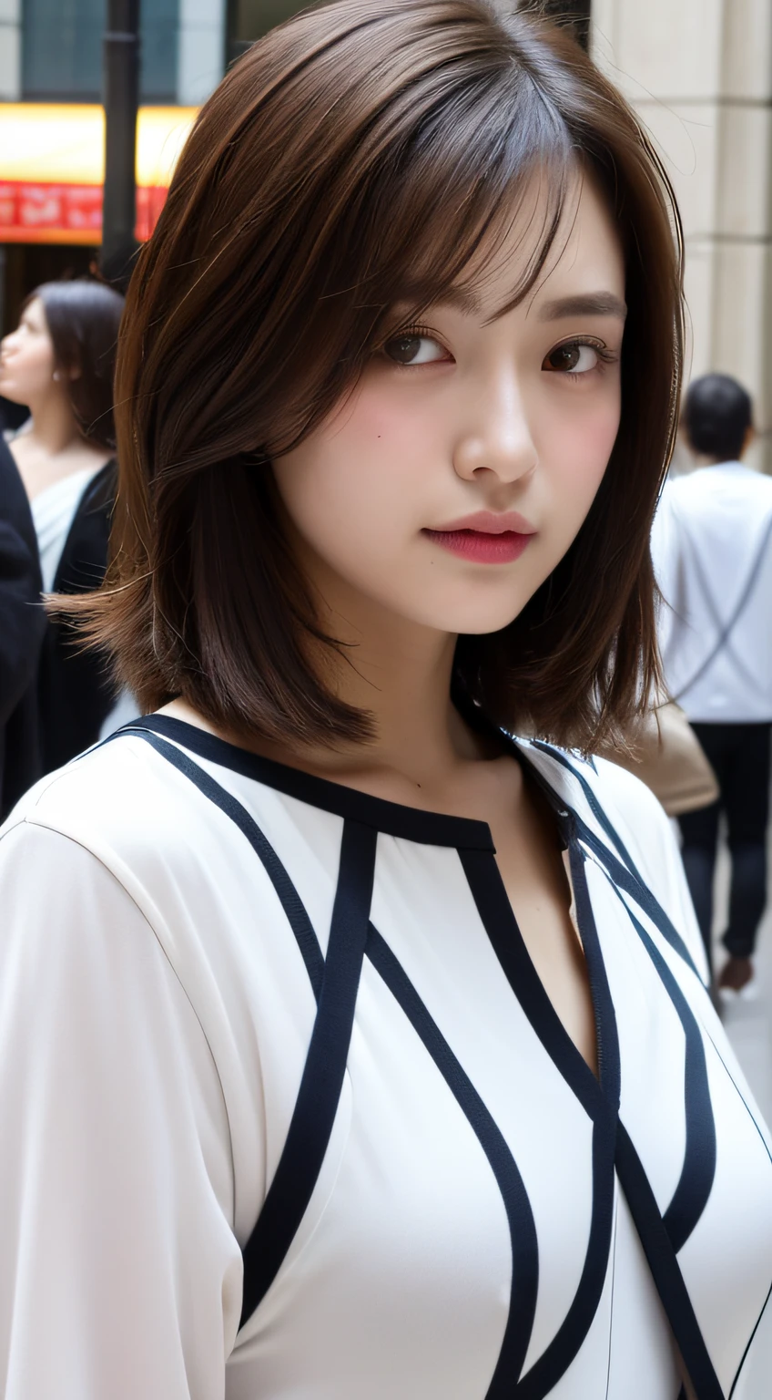 (Raw photography:1.2)、(Photorealsitic:1.4)、(masterpiece:1.3)、(top-quality:1.4)、超A high resolution、(A detailed eye)、(detailed facial features)、(detailed clothes features)、8K分辨率、solofocus、bangss、skin tightening、(shinny skin)、(Slender girl)、(Proud)、(a japanese girl)、(Japan Faces)、short-hair、1 girl in、Slim Beauty:1.3、brown haired、Delicate hair、(huge tit:1.2)、new york streets、Sheer street fashion、hotpants、Looking at the camera