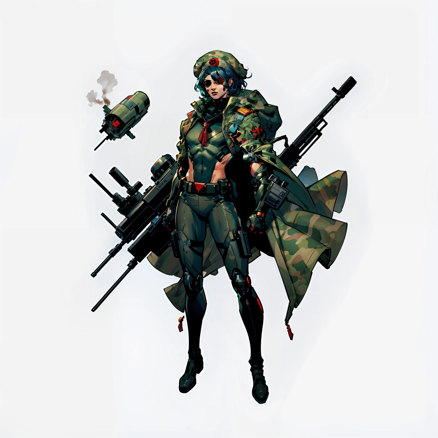 Biorobotic, Soldier, no background, white background, full body shot, camouflage uniform, Male, red beret, eyepatch, big gun, a part of the body is a machine