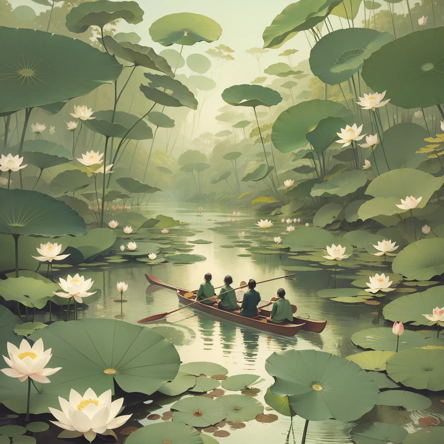 Figures rowing among lotus leaves,Illustration style,The surroundings are wide,inverted image