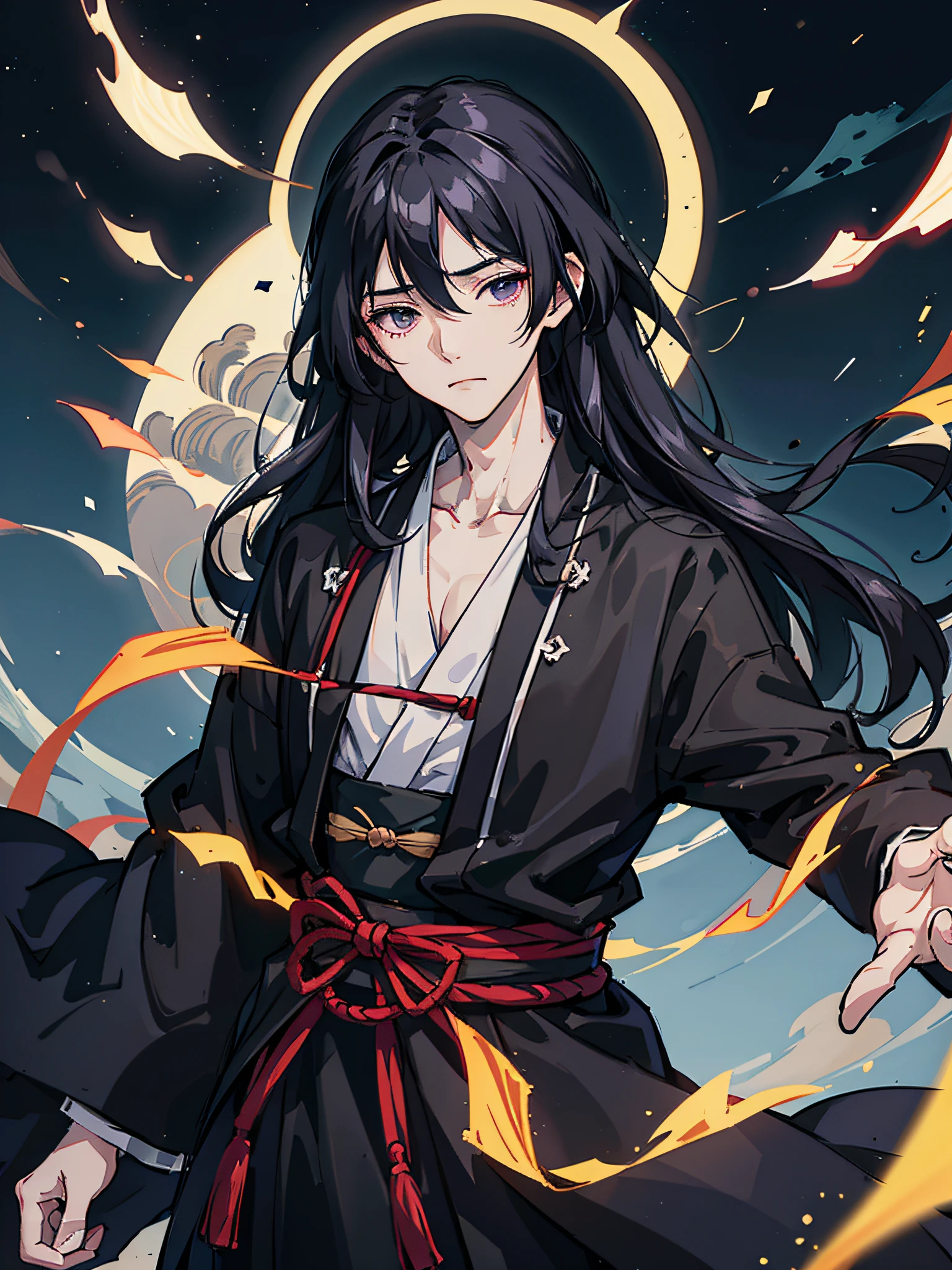 Puppets，Black-haired man in Hanfu，Dark Night Mountains，Anime style，Author: Obito Kubo。8K分辨率，control， --auto