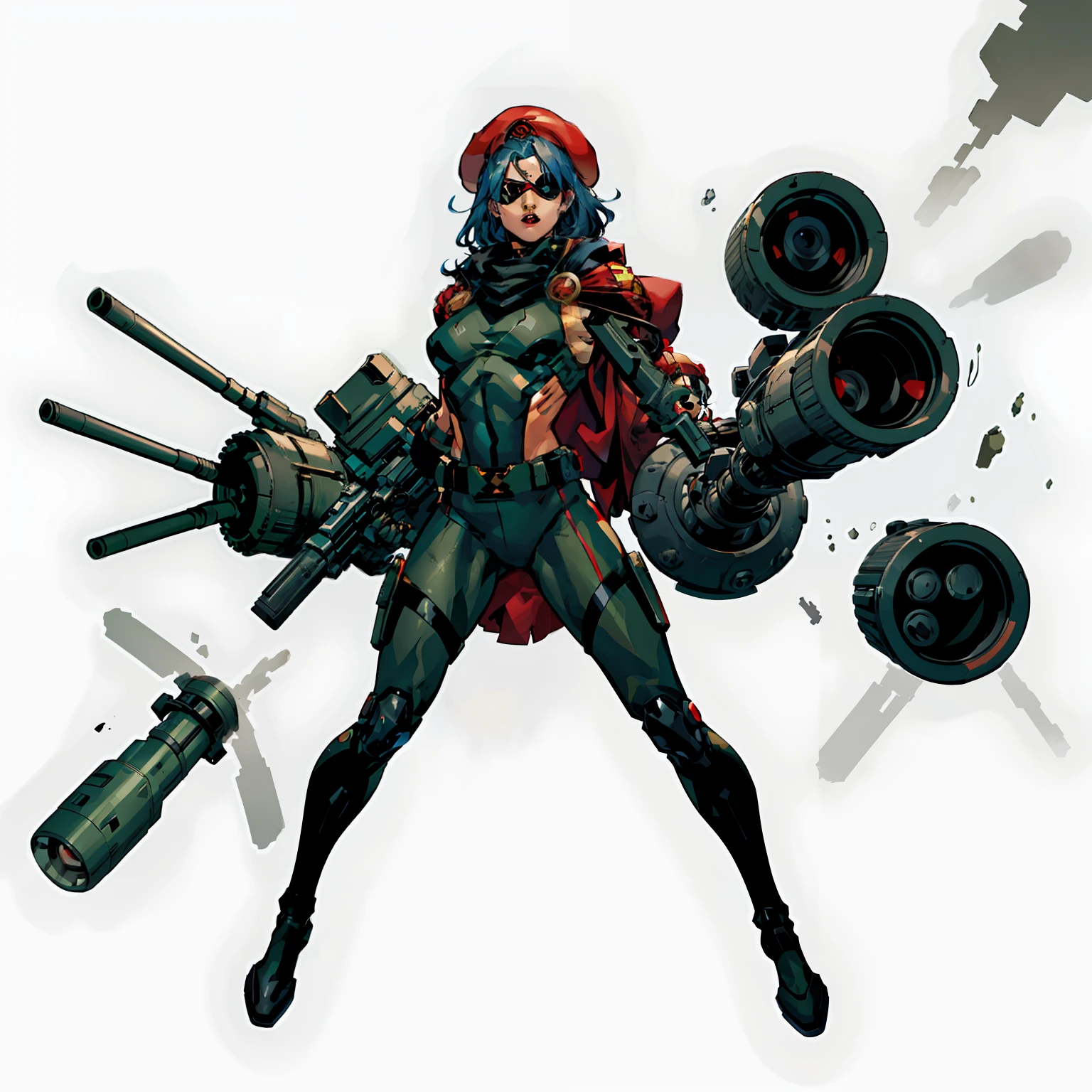 Biorobotic, Soldier, no background, white background, full body shot, camouflage uniform, Male, red beret, eyepatch, big gun, a part of the body is a machine