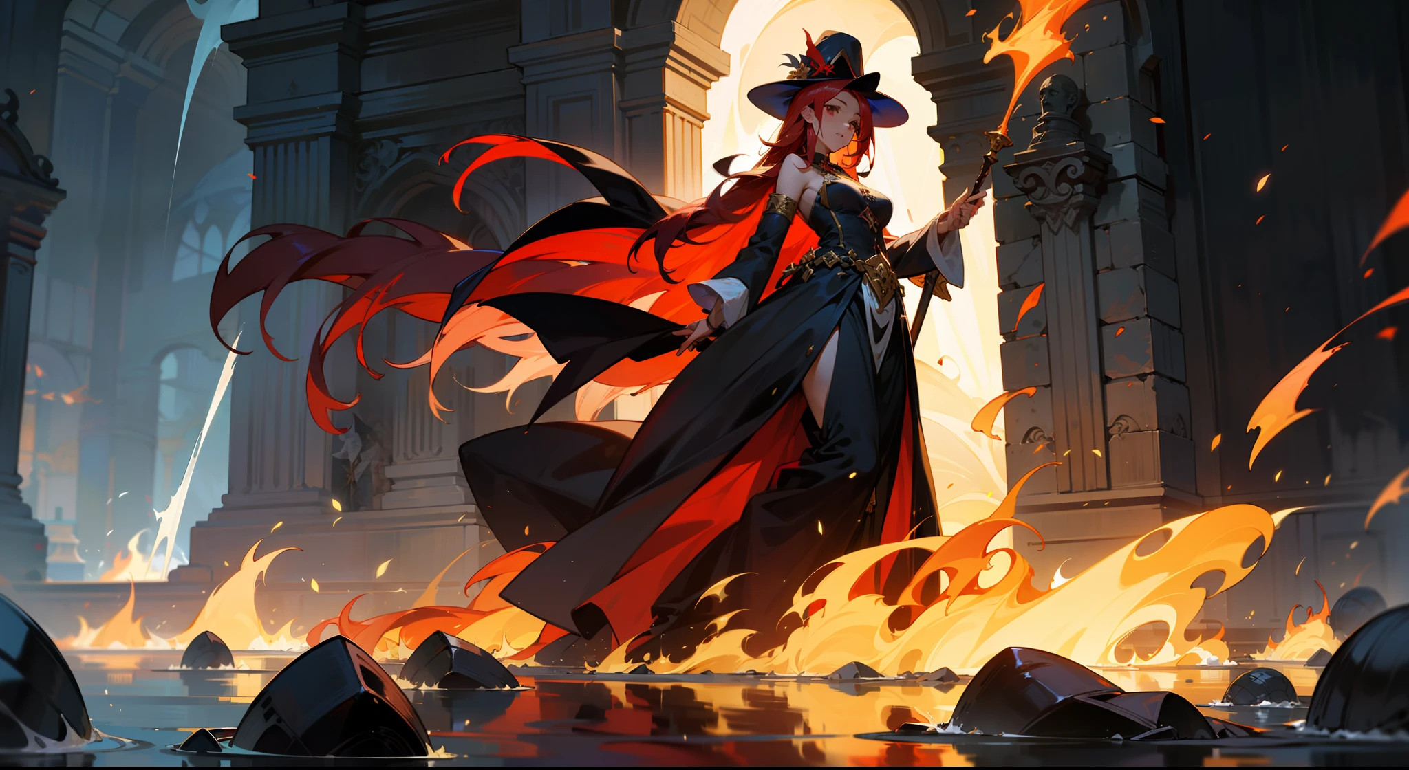 European tradition，German，sorceress woman，unholy，Mana is powerful，a sea of fire，European people，femele，Red long-haired，Leaky shoulders，Wear a pointed hat on the head，Wearing a long dress