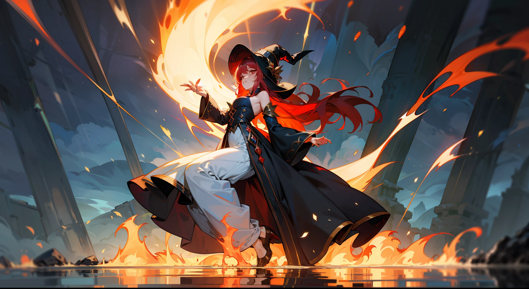 European tradition,German,sorceress woman,unholy,Mana is powerful,a sea of fire,European people,femele,Red long-haired,Leaky shoulders,Wear a pointed hat on the head,Wearing a long dress
