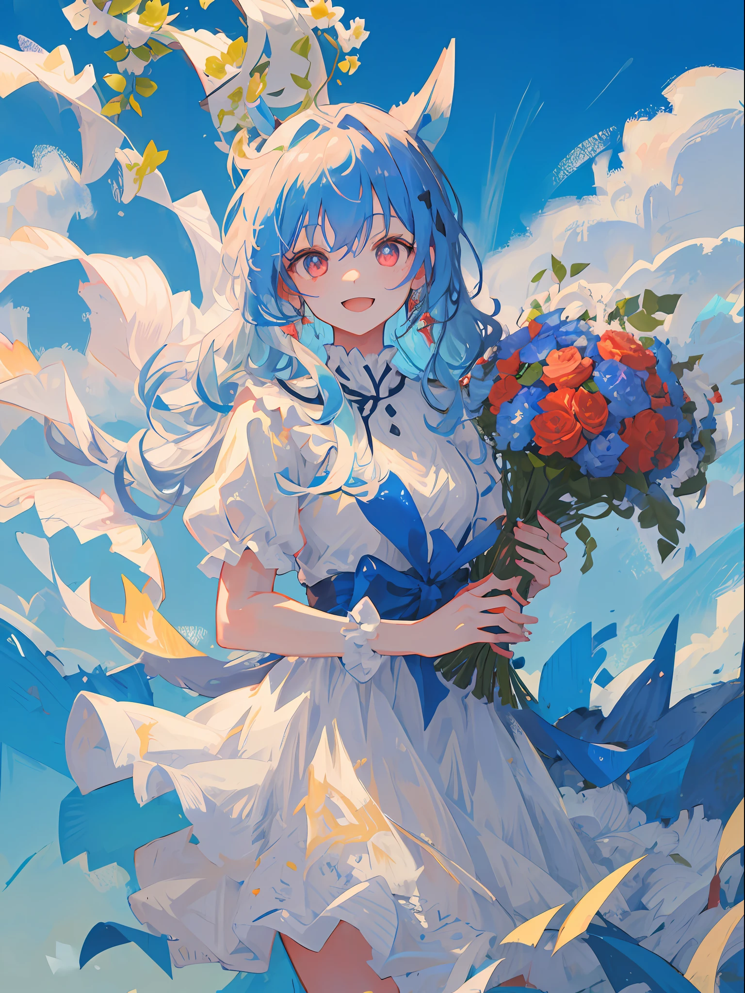 1girl in, Light blue hair, Wavy long hair , Red Eyes, Beautiful eyes, rabbitears, ssmile, Happy, White Dress, bouquet, Holding with both hands, Upper body, on grassland, Blue sky