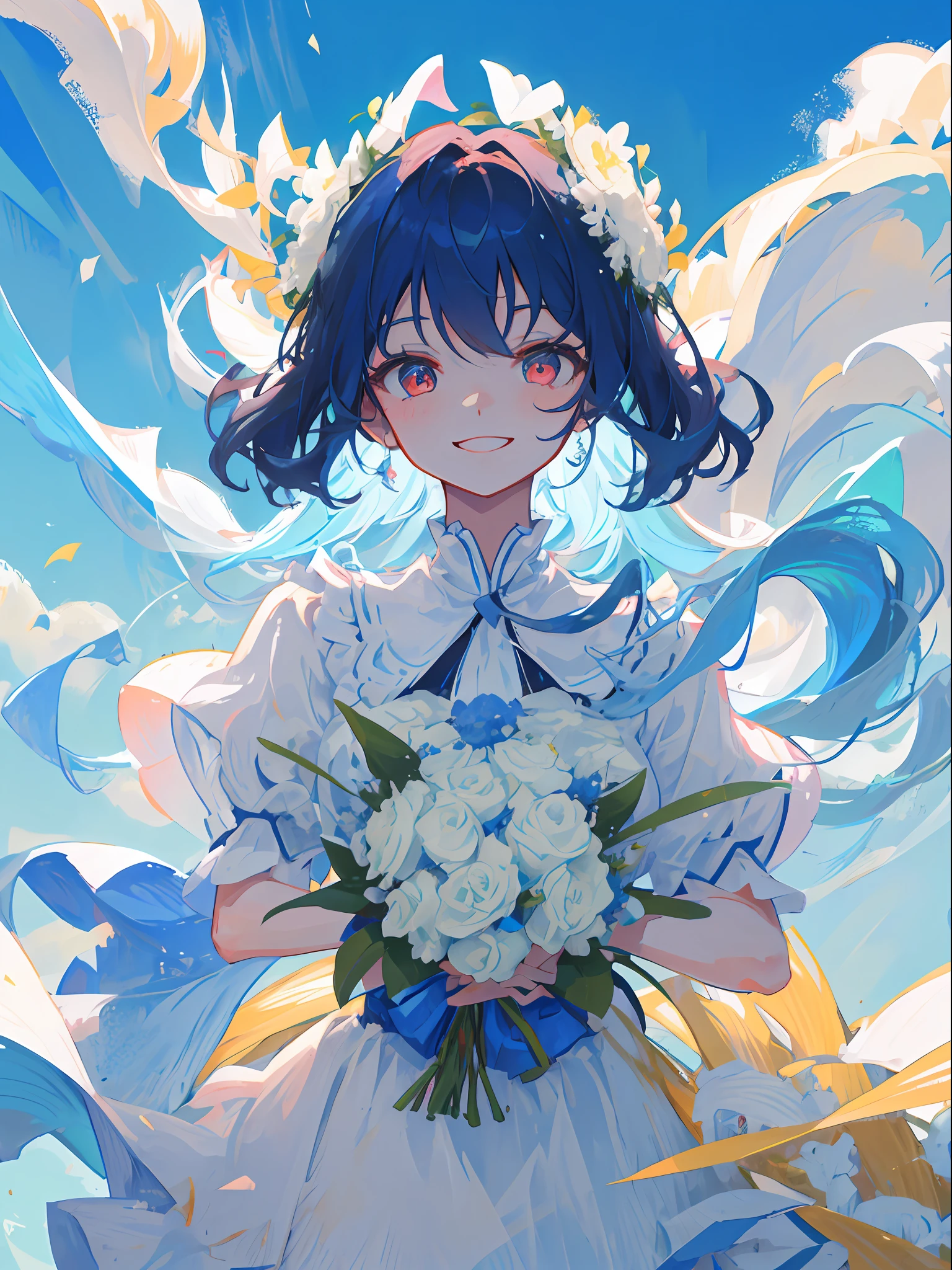 1girl, light blue hair, wave long hair , red eyes, beautiful eyes, smile, happy, white dress, bouquet, holding with both hands, upper body, on grassland, blue sky