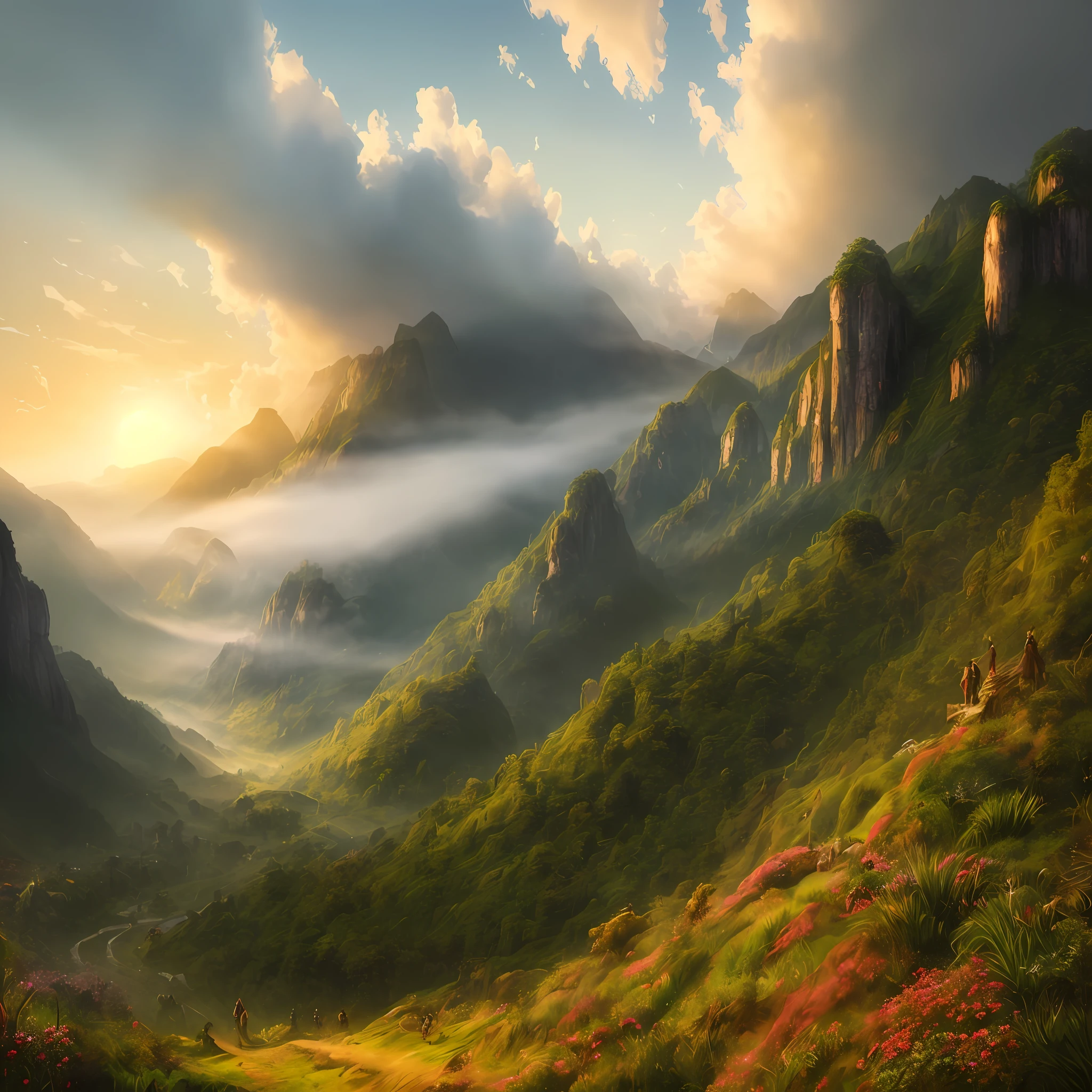 (masterpiece), (best quality), (incredible digital artwork), atmospheric scene inspired by a Peter Jackson fantasy movie, breathtaking landscape, towering mountains, lush forests, misty valleys, awe-inspiring structures, diverse and vibrant characters, engaging in a pivotal moment, dramatic lighting, vivid colors, intricate details, expertly capturing the essence of an epic cinematic experience