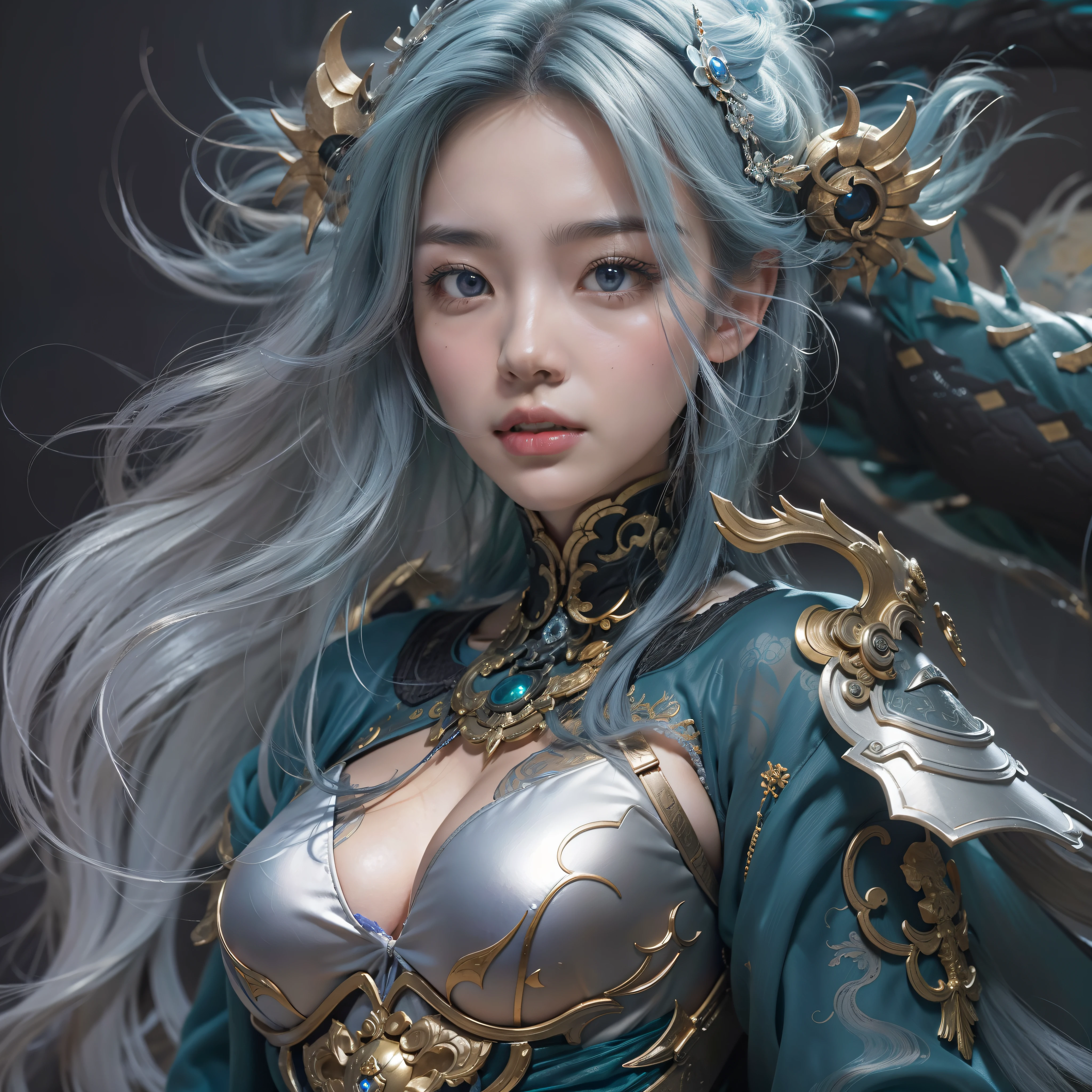 mechs， Klein blue hair gradient，very detail eyes，Very detailed hair，（A white bikini）， （Huge breasts 1.2），（Anatomically correct 1.3），Bra exposed，（white stockings），（extremaly detailed cg），8K，The is very detailed，（A high resolution），（beautiful  face，Picture-perfect face，Korean actress face，very detail eyes，Very detailed hair），Silvertone，Purple and gold are the main colors，Amber gradient，（Use the plasma sword：1.3），There is a dragon particle effect，（taichi，Chinese Yin and Yang Bagua Five Elements：1.2），China-style，Machine armour wind，mechanical sense，sense of strength，Sense of space，combats，cyber punk perssonage，Human body modification，The prominent structure is reasonable，Battle instant，high-quality face，4K，High quality，Masterpieces，（of a real：1.4），drak，chinesedragon，afterimage，rich colours，China-style，Don Dao，Exocet suit，Brocade Yiwei，obsidian，General flame，A small amount of water flow，Light，Highest quality，Chinese mythology，the Tang Dynasty，Li bai，There is very little hair，The background is ancient Chinese science fiction architecture，The body is well structured，Conforms to the anatomy，Impossible clothes，huge tit，Ray traching,NVIDIA RTX,Hyper-Resolution,Unreal 5,Subsurface scattering、PBR Texture、post-proces、Anisotropy Filtering、depth of fields、maximum definition and sharpness、Many-Layer Textures、Albedo e mapas Speculares、Surface coloring、Accurate simulation of light-material interactions、perfectly proportions、rendering by octane、Two-colored light、largeaperture、Low ISO、White balance、the rule of thirds、8K raw data、（chinesedragon，Dragon：1.2）（Heavy armor：1.4），purpleish color，blue colors，（（best qualtiy））， （（tmasterpiece））， （A detailed）， giant mecha， terrifying beauty， perched on a cloud， （Fantasy illustration：1.3）， captivatinggaze， otherworldly charm， mystical sky， a moonlit night， pastelcolor， （detailed cloudscape：1.3）， （A high resolution：1.2），full body shot shot，8K，ultra-clear，hyper HD，Ultra photo realsisim，Hyper Real