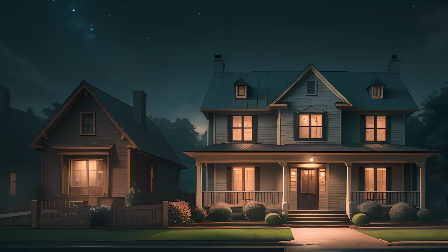 Large old two-story house with porch and double front doors, Mysterious appearance,, from front, matte painting, Dutch angle, night atmospheric lighting