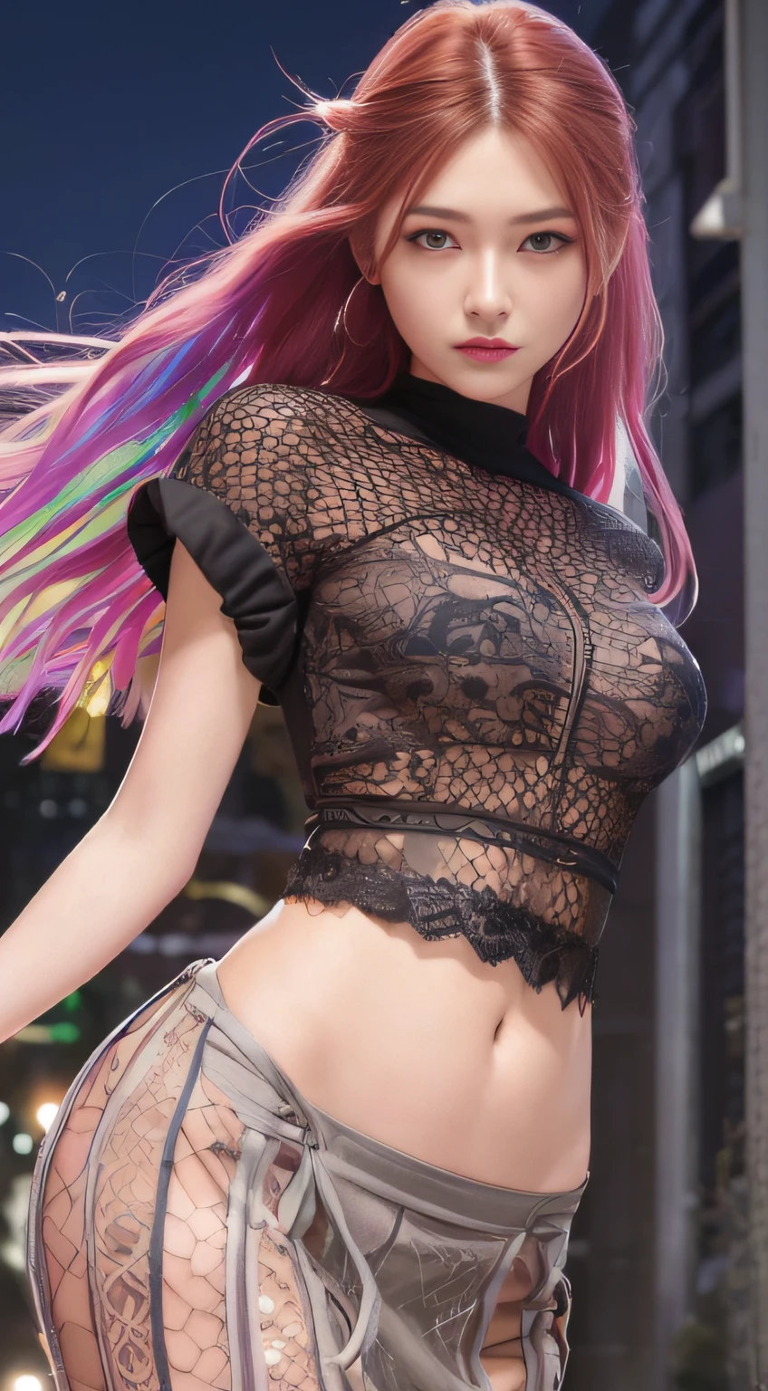 (natta、Soft lighting、top-quality、in 8K、masuter piece、Raw photo:1.3)、Mystical、flawless beauty、beautiful young woman with, Fantasia, Red colored eyes、Slender eyes、Narrow-eyed、Symmetrical eyes、(multicolored hair、Wolf Cut Hairstyles:1.5)、耳Nipple Ring、Thin bracelet on wrist、(full body Esbian、Mesh Shirt、see through shirts、tight miniskirt:1.2)、ultra-detailliert, intricate detailes, Highly detailed face and skin type、Slim body、(tattoos all over body、Have tattoos all over the body、The tattoo)、A detailed eye、realisitic、make - up、Know、Bewitching、Beautiful standing figure、small tits 、Medieval European Streets、city street at night、Invincible smile、Dynamic angles