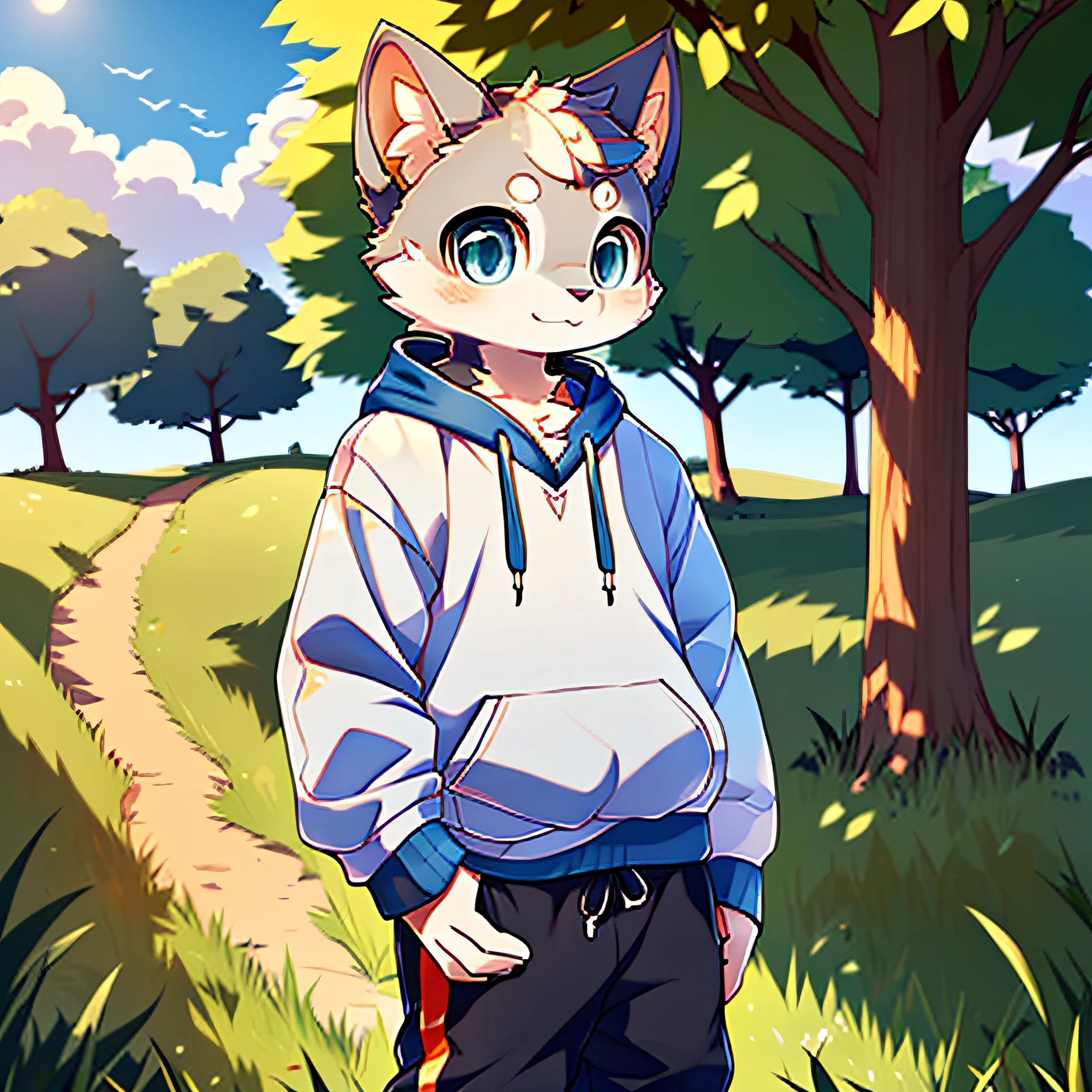 high detail,hyper quality,high resolution,1080P,独奏,furry,(Male shorthair:1.5),(Gray fur:1.3),Gray skin,Gray ears,,young,cute big breasts,Young,Golden eyes,sharp talons,(Fluffy tail:1.2),wearing sweatshirt。long trousers,athletic sneakers,standing in grassy field,short detailed hair,Libido boy,lowerbody,adolable,Cat ears,outside,daysies,clouds,suns,Cubs,shorter pants,bare-legged,Cat type,human - shaped,Cubs,Children, boys,Blue Tops,adolable,largeeyes,eBlue eyes,High-quality portraits,Bell,grassy fields