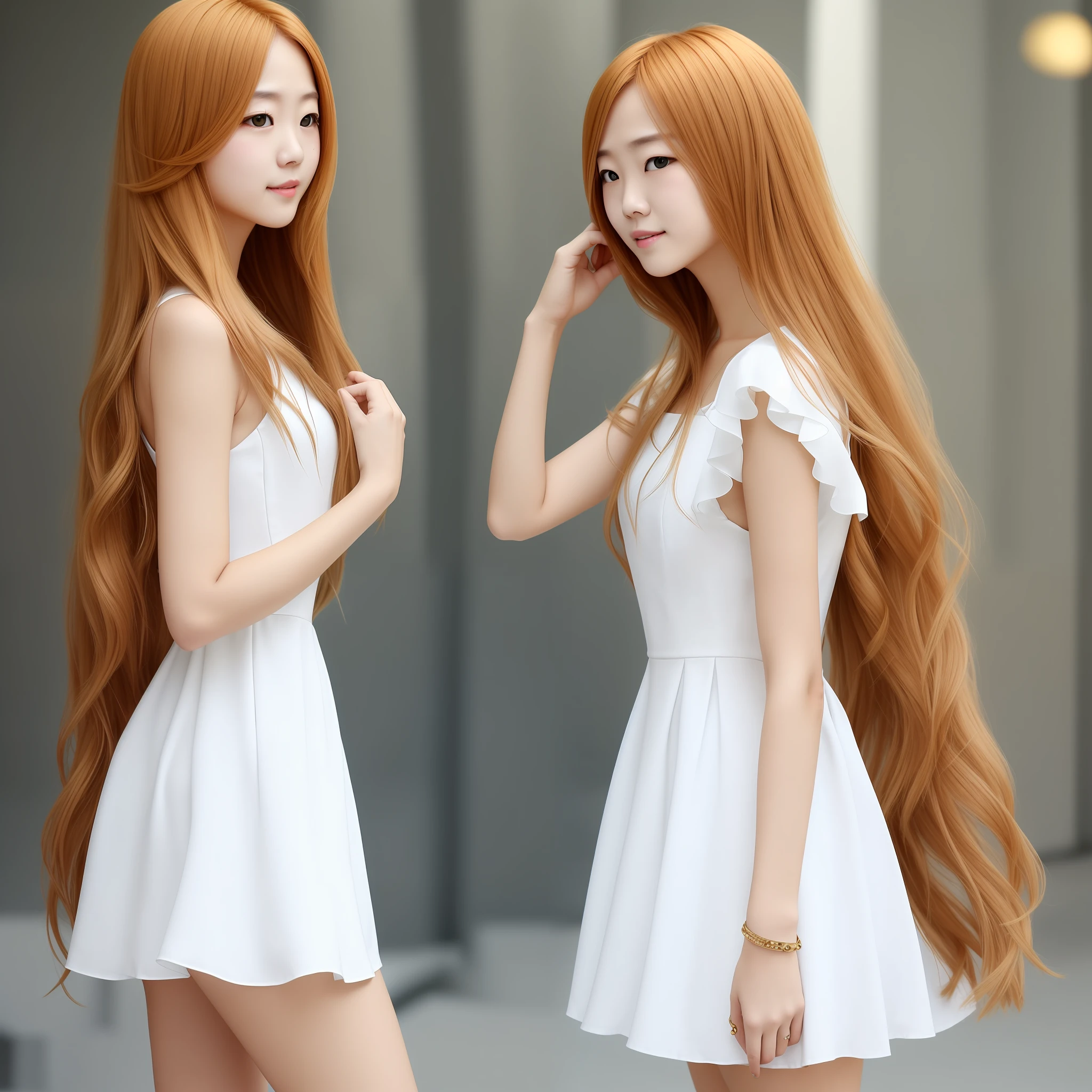 yellow long hair,Short white dress,Be red in the face,is shy --auto