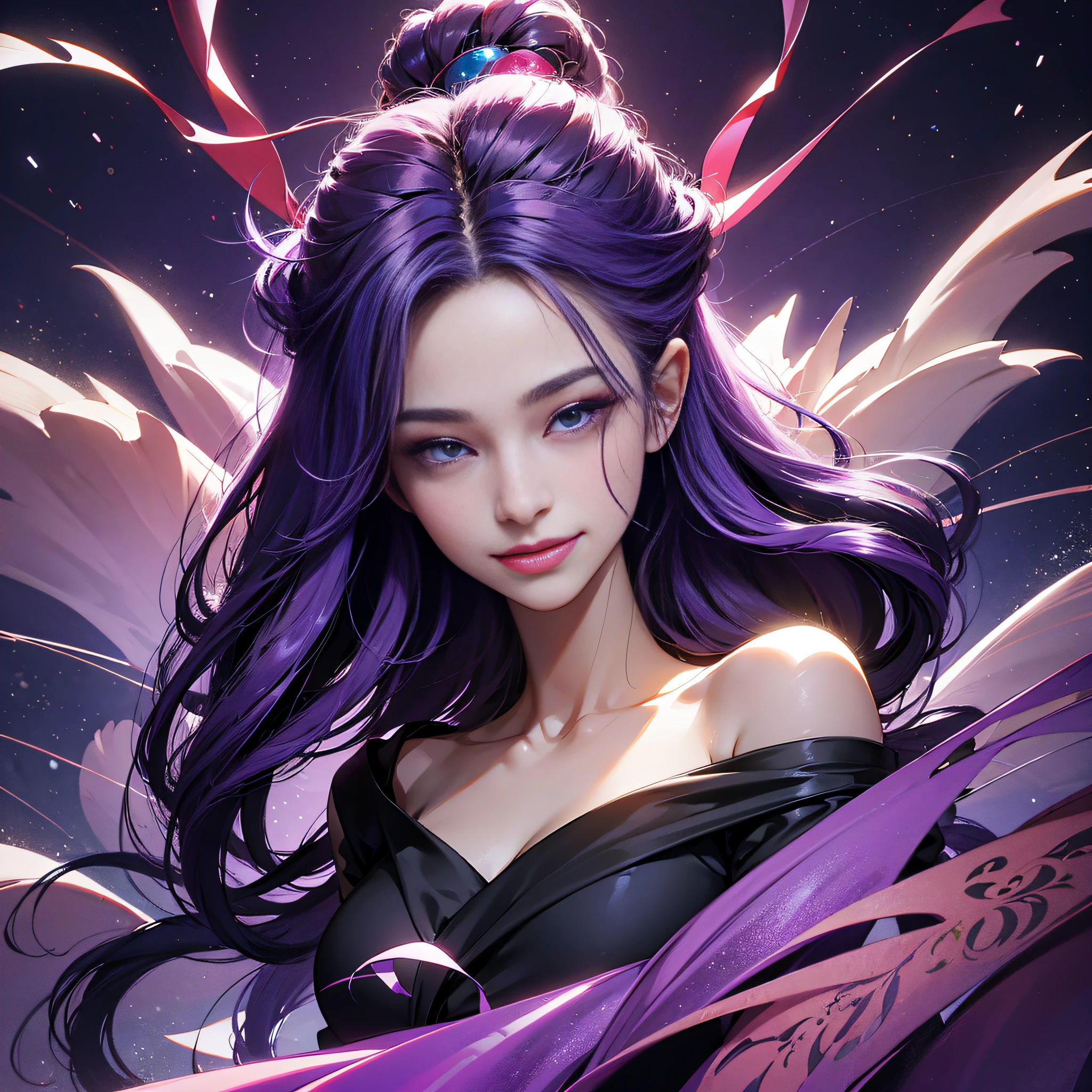 Spider Lady, Purple hair, Long hair, kanzashi, Light smile, Star-shaped pupils, Anime, Cinematic lighting, hyper HD, Award-Awarded