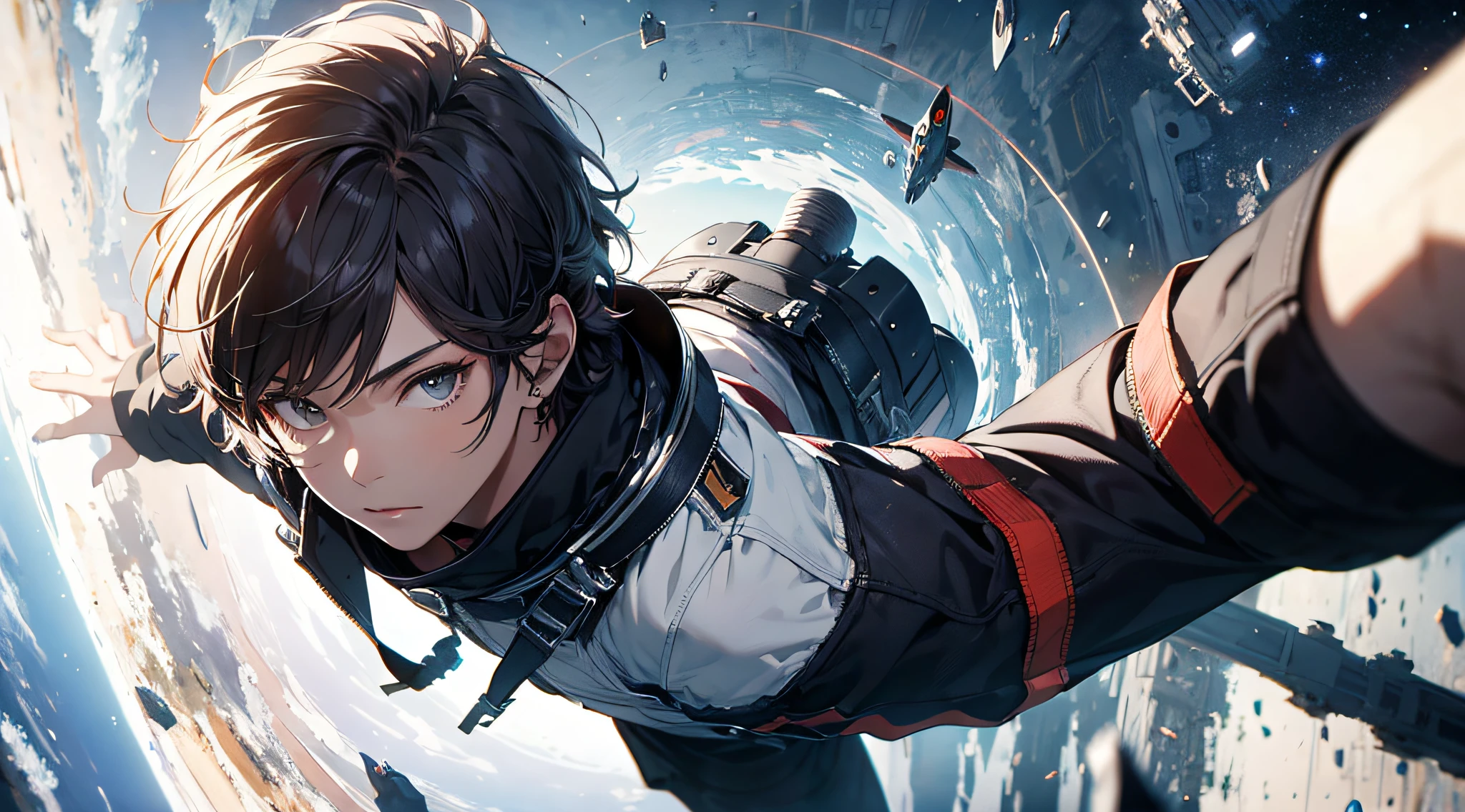 ridiculous resolution, high resolution, (masterpiece:1.4), super detailed, 1boy, seen from above, space, floating, --v 6
