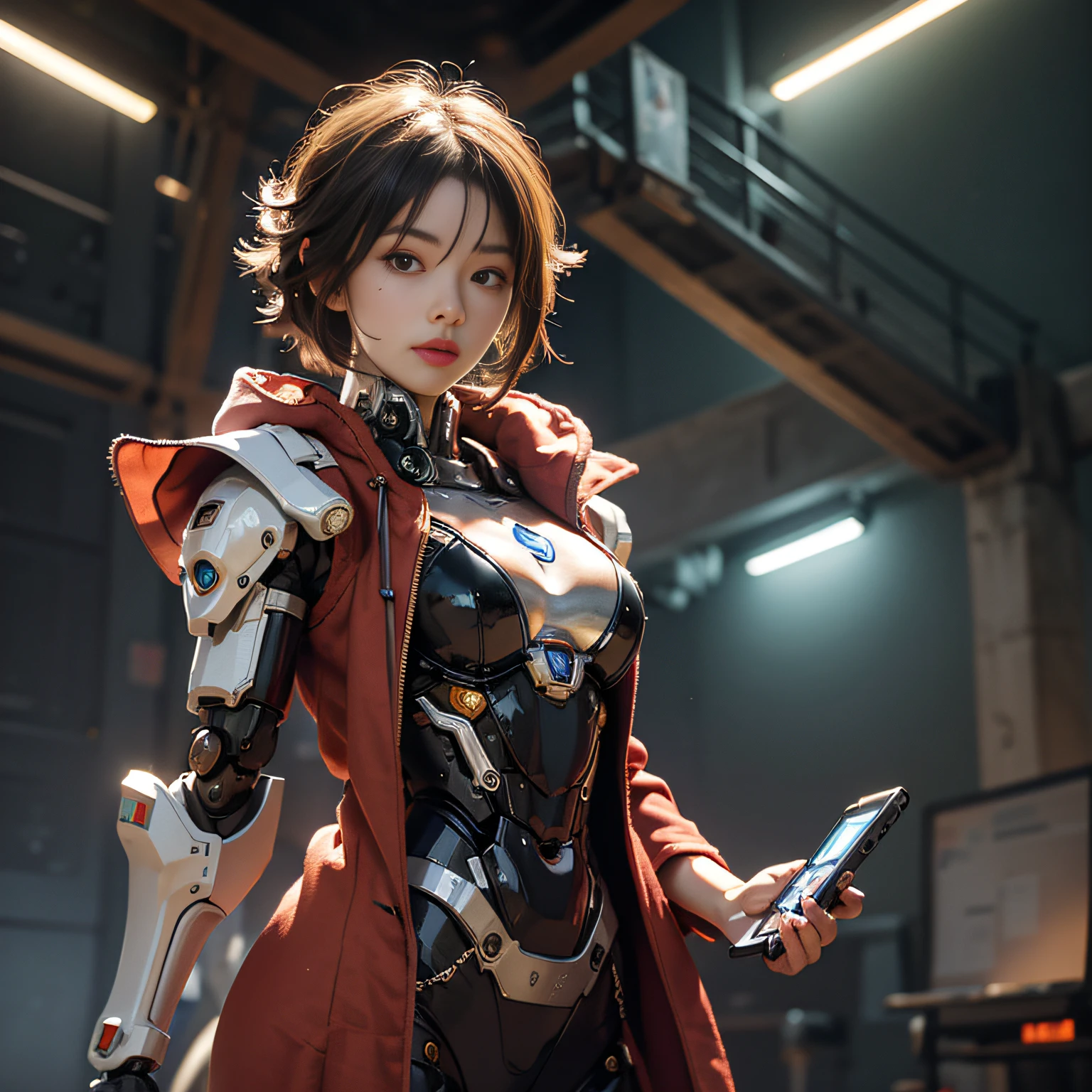 ((tmasterpiece,best qualtiy)),illustratio,Ultra-detailed 8K,Photorealsitic,Clear focus,A highly detailed,Professional lighting,Colorful detailed,son goku,Large mechanical robot structure,micro Chip,computers,with light glowing,Complicated details,Shitu-mecha,1girl stands in front of the audience,nabel,Red robe