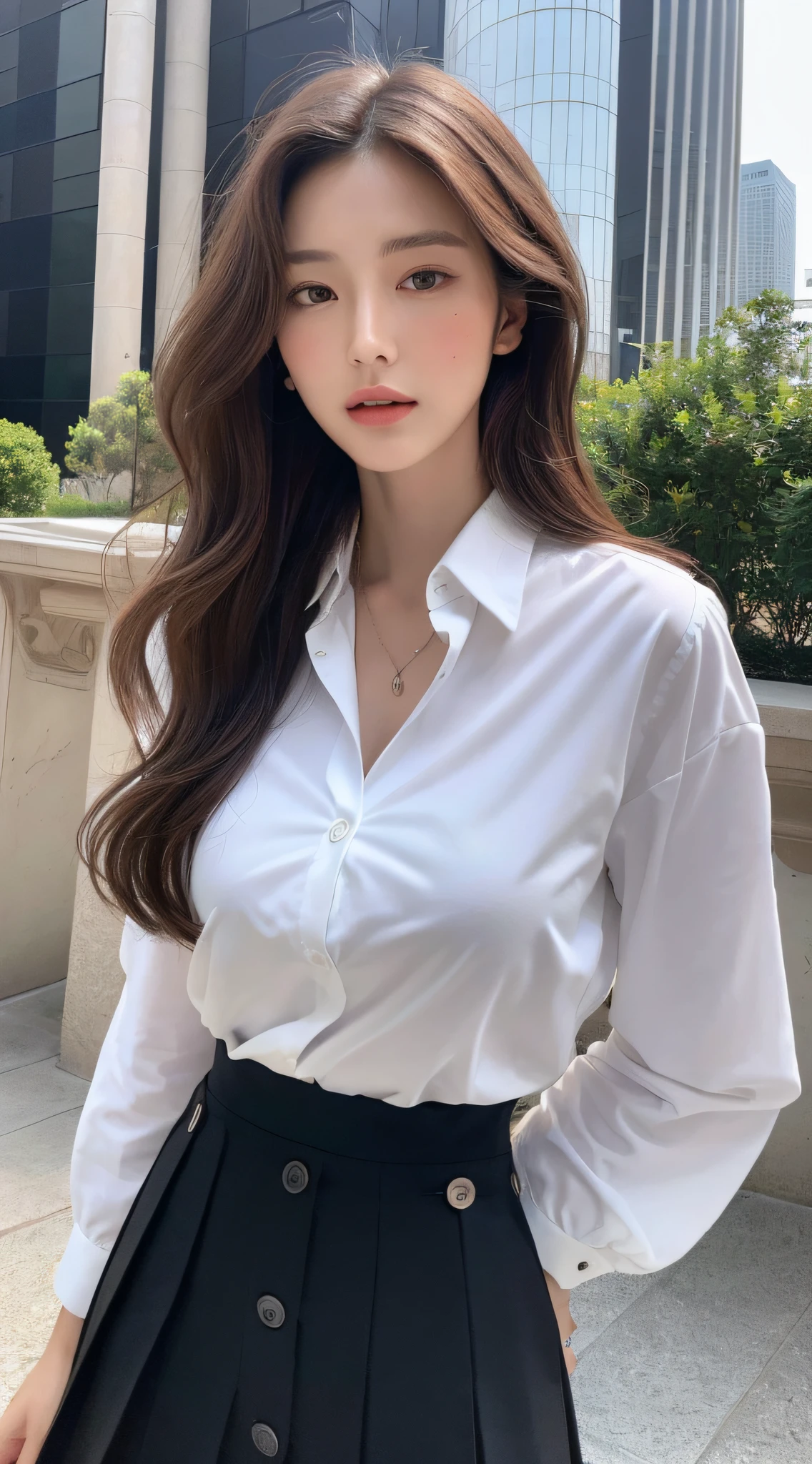 (Best quality, High resolution, Masterpiece :1.3), A tall and pretty woman, Slender abs, Dark brown hair styled in loose waves, Breasts, White button up shirt, Black pleated skirt, (Modern architecture in background), Details exquisitely rendered in the face and skin texture, Detailed eyes, Double eyelid