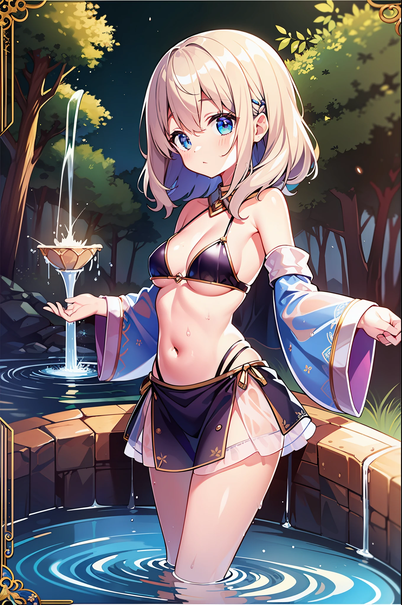 (Obra Prima), (Max Quality), (Ultra Detail), (Best Anatomy), Official Art, One Girl, Light-Colored Hair , Petite Girl, Saint, See-Through Robe, Small Breaeavage, Oder, Underboob, Side Boob, Thigh Focus, l Bared, Low Angle, Wet and See-through, Deep Forest Fountain