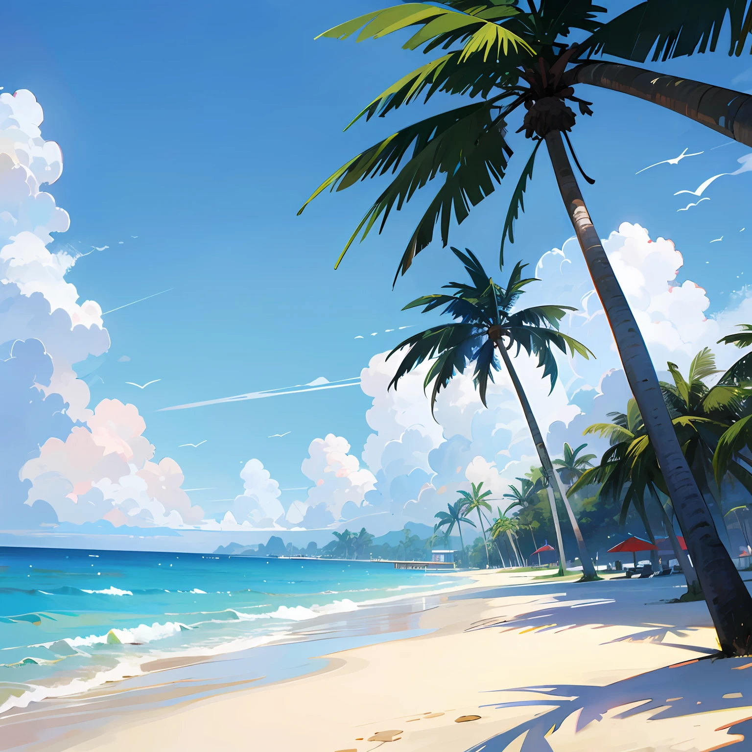 夏天，beachside，There are coconut trees，with blue sky and white clouds，There are planes in the sky，There are waves ，There are people walking by the sea，There is a sun umbrella，There is a deck chair under the umbrella
