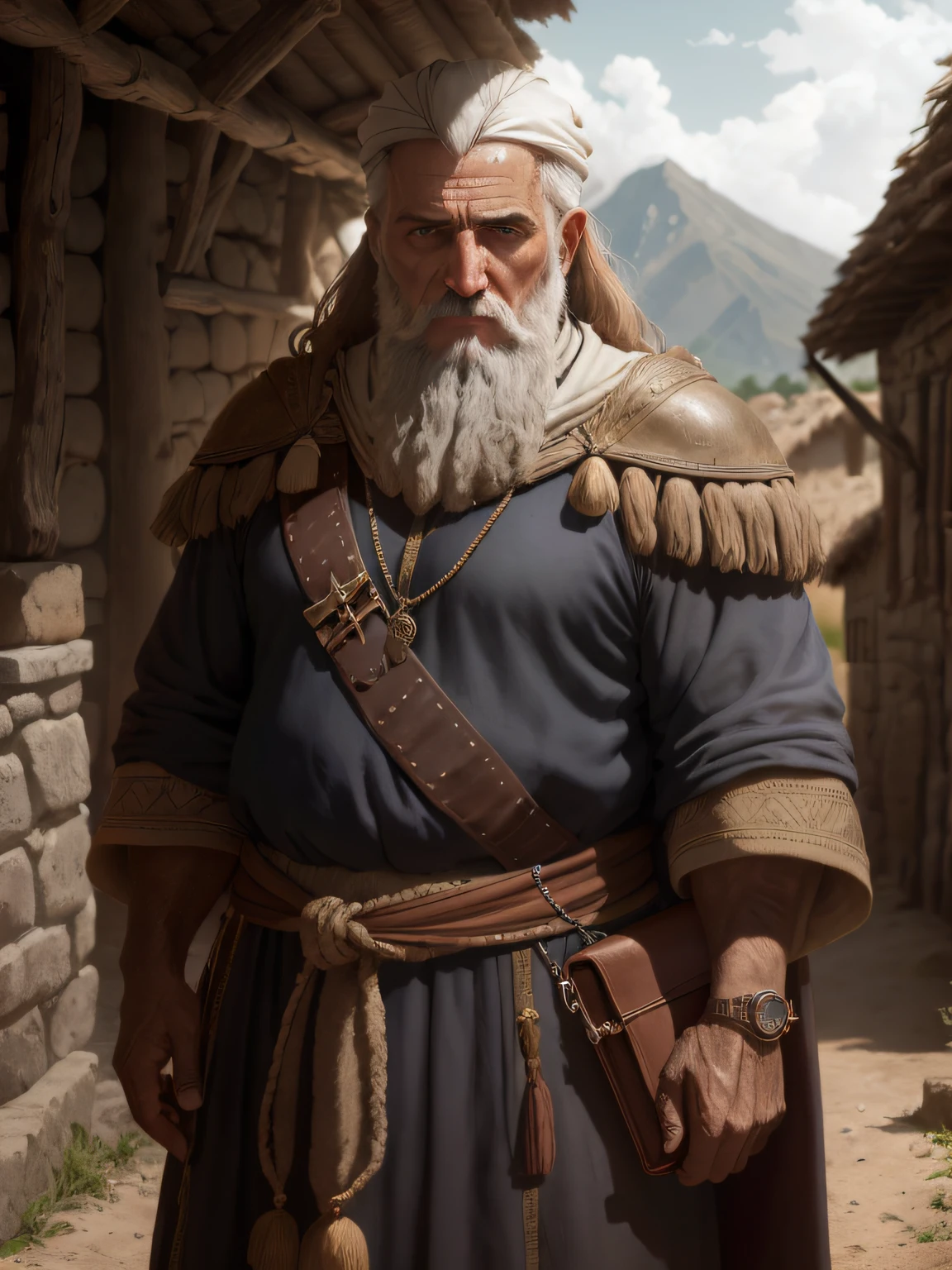 (Alta qualidade: 1.3), Cinematographic shot, obra-prima, (foco nítido: 1.5), (fotorrealista: 1.3), medium portrait of Moses with two stone tablets of the Ten Commandments (an old man the leader of his village , vestido com cota de malha elaboradamente detalhada , algumas tochas queimam nas paredes, giving the scene a somber atmosphere, but sculpting the shapes in crisp chiaroscuro), it is night time, (pele altamente detalhada), (rosto detalhado), fundo detalhado, dark ilumination, twilight lighting, volumeric lighting, detalhes complexos, UHD,
