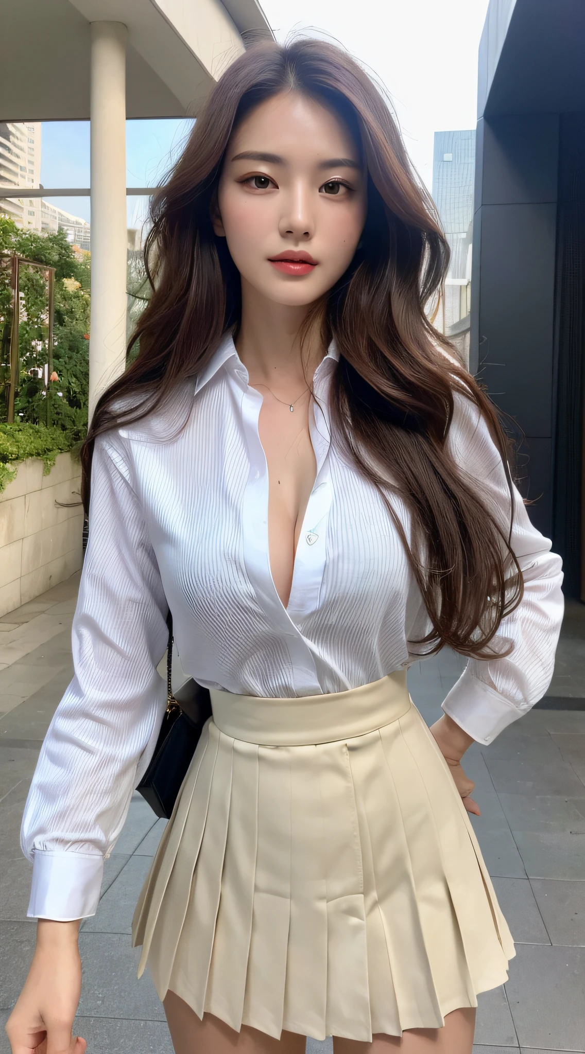 (Best quality, High resolution, Masterpiece :1.3), A tall and pretty woman, Slender abs, Dark brown hair styled in loose waves, Breasts, White button up shirt, Black pleated skirt, (Modern architecture in background), Details exquisitely rendered in the face and skin texture, Detailed eyes, Double eyelid